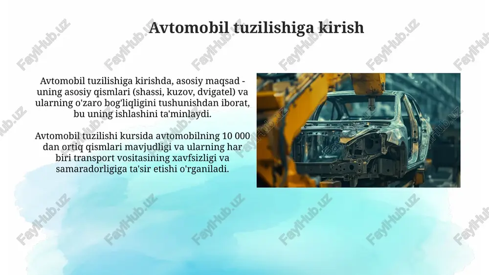 avtomobil tuzilishidagi yangi tendensiyalar yangi avtomobil tuzilmalarida yuqori quvvatli po'lat va alyuminiy qotishmalaridan keng foydalanish kuzatilmoqda, bu avtomobil vaznini 15-20% ga kamaytirib, yonilg'i samaradorligini oshiradi. kompozit materiallar, ayniqsa uglerod tolasi, avtomobil tuzilmalarida tobora ko'proq qo'llanilmoqda, ular og'irlikni 25-30% ga kamaytirishga va zarba assimilyatsiya xususiyatlarini yaxshilashga imkon beradi. e'tiboringiz uchun rahmat image2.png image3.jpg image4.jpg image5.jpg image6.jpg image7.jpg image8.jpg image9.jpg image10.jpg image11.jpg image12.jpg image1.png