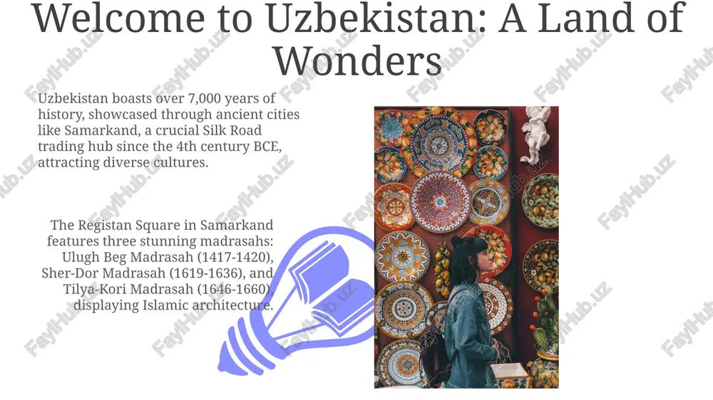 uzbekistan's national dish, features rice, meat, carrots, and onions, cooked in a kazan. there are over 200 regional variations, each a unique culinary experience. samsa, a baked pastry filled with meat and onions, is a popular street food. the dough can be flaky or layered, offering a satisfying snack typically around 5,000-10,000 uzs. practical information: planning your trip e-visas are available for over 50 nationalities, simplifying entry, but ensure your passport is valid for at least 3 months beyond your intended departure date. uzbekistan uses uzbekistani som (uzs). credit card acceptance is growing in major cities, yet carrying us dollars or euros for exchange remains practical. experience uzbekistan: creating unforgettable memories 01 02 uzbekistan offers over 7,000 years of history, showcasing its pivotal role on the silk road. explore ancient cities like samarkand with its registan square, a unesco world heritage site, and discover its captivating cultural heritage. sales 1st …