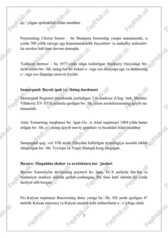 , xususan, qoratepa gʻor majmuasi, buddaning haykallari va buddist matnlari bilan bezatilgan noyob sanʼat asarlarini yaratdi. vi asrda eftaliylar tomonidan vayron qilinganiga qaramay, termiz ix-xii asrlarda qayta tiklandi va al-hakim at-termiziy kabi buyuk olimlar bilan islom dini va buddist madaniyatining markaziga aylandi. fargʻona vodiysi: bogʻlar va hunarmandchilik makoni fargʻona vodiysi ipak qurti yetishtirish boʻyicha oʻzbekistonda yetakchi hisoblanadi, vodiyda 300 dan ortiq ipakchilik xoʻjaliklari mavjud boʻlib, qoʻlda gilam va atlas toʻqish rivojlangan. vodiyda yogʻoch oʻymakorligi sanʼati keng tarqalgan, ayniqsa rishton shahri kulolchilik markazi sifatida mashhur boʻlib, u yerda 700 yillik anʼanalarga ega boʻlgan sopol idishlar ishlab chiqariladi. fargʻona vodiysi koʻplab bogʻlari bilan mashhur boʻlib, ayniqsa 100 gektardan ortiq maydonni egallagan alisher navoiy nomidagi bogʻ aholi va sayyohlar uchun sevimli maskan hisoblanadi. nukus: san'at va orol dengizining tarixi nukus, o'zbekistondagi qoraqalpog'iston respublikasining poytaxti, 1932 yilda tashkil etilgan va sovet davrida orol dengizining muhim ilmiy markazi sifatida rivojlangan. igor savitskiy nomidagi davlat san'at …