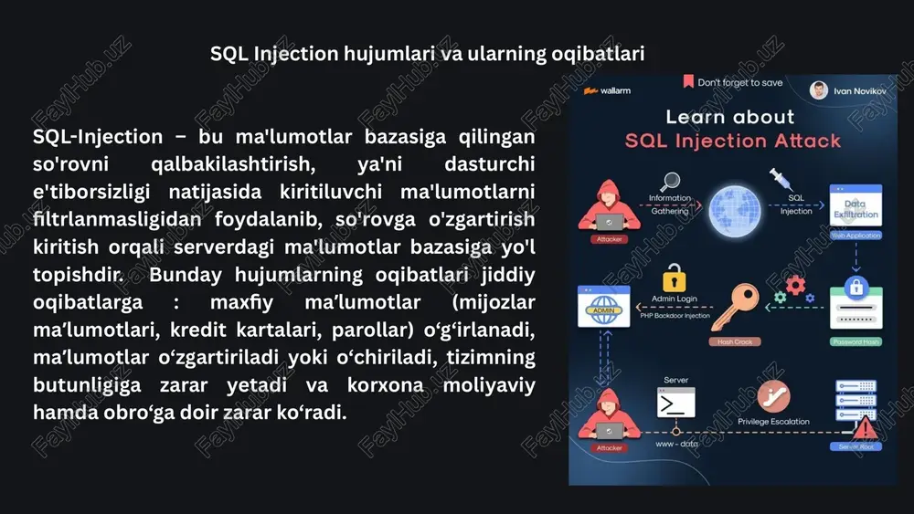 rlash (confidentiality breach): foydalanuvchilar, mijozlar yoki korxona haqidagi maxfiy maʼlumotlar (shaxsiy maʼlumotlar, parol hashlari, kredit karta maʼlumotlari) oshkor boʻlishi mumkin. bu kompaniya ishonchini yoʻqotish va qonuniy jazolarga olib keladi. maʼlumotlarning yaxlitligiga putur yetishi (integrity loss): huquqsiz shaxslar maʼlumotlarni oʻzgartirishi yoki buzishi mumkin — hisob-kitoblar, buyurtmalar, moliyaviy yozuvlar notoʻgʻri boʻlib qoladi, biznes qarorlar xato maʼlumotga asoslanadi. xizmat koʻrsatishning toʻxtashi (availability impact): maʼlumotlar oʻchirib yuborilishi, resurslar bilan sababi dos holatlari yoki zararli ddl buyruqlar tufayli tizim ishlamay qolishi mumkin, bu esa daromad va faoliyatning toʻxtashiga olib keladi. obroʻga va biznesga zarar: mijozlar ishonchini yoʻqotish, shartnomalar bekor qilinishi, bozor pozitsiyasining pasayishi va yangi mijozlarni jalb qilishdagi qiyinchiliklar. sql injection urinishlarini baholash va nazorat qilish sql injection (sqli) — veb-ilovalarga eng ko‘p duch kelinadigan xavfsizlik zaifliklaridan biri. uning urinishlari ko‘pincha foydalanuvchi kiritmalaridan noto‘g‘ri foydalanish yoki parametrizatsiya yo‘qligi sabab yuz beradi. ushbu qisqa yo‘riqnoma — dasturchi yoki tizim ma’muri uchun tezkor tekshiruv va tezkor javob …