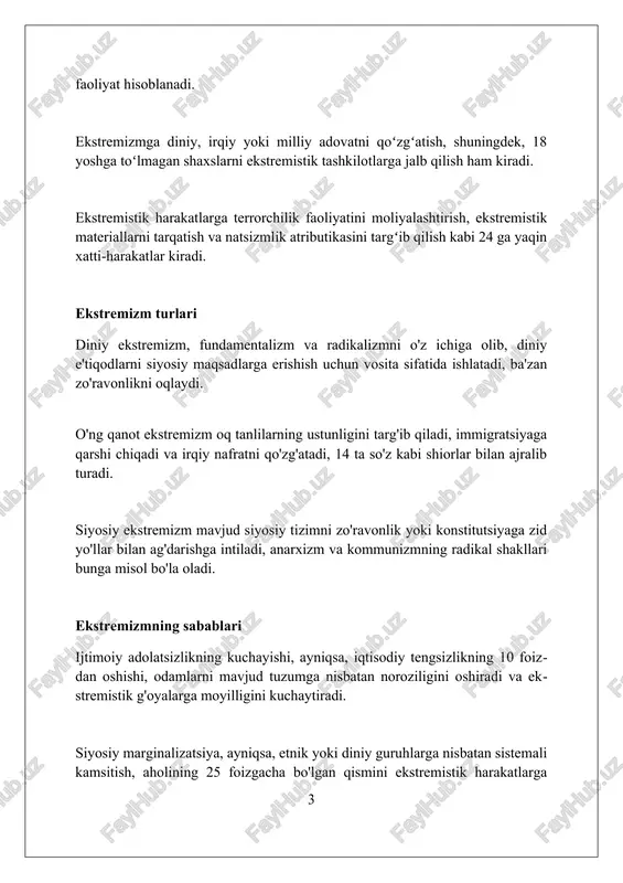 tahdid soladi. ular ko'pincha internet va ijtimoiy tarmoqlardan foydalanib, radikal mafkuralarni tarqatadi, yoshlarni jalb qiladi, va 2023-yilda xavfsizlik kuchlari ushbu tendentsiyaga qarshi kurashmoqda. ekstremistik guruhlar terrorizm, qonunbuzarlik va davlat institutlariga ishonchsizlikni keltirib chiqaradi, bu esa mamlakatning barqarorligiga va ijtimoiy birdamligiga ziyon yetkazadi. ekstremizmning tarqalish usullari ekstremistik guruhlar onlayn platformalardan, masalan, shifrlangan messenjerlar orqali yashirin aloqa o'rnatib, 18-25 yoshdagi yoshlarni nishonga olib, radikal g'oyalarni tarqatish uchun foydalanadi. 2023-yilgi tadqiqot shuni ko'rsatadiki, ekstremistlar ijtimoiy tarmoqlarda soxta akkauntlar orqali yolg'on ma'lumotlarni tarqatib, jamiyatda qo'rquv va ishonchsizlikni kuchaytiradi, 7/24 soatlik tsiklda buzg'unchi ta'sir ko'rsatadi. ekstremistik tashkilotlar moliyaviy resurslarni jalb qilish uchun xayriya tadbirlari va diniy yig'ilishlardan foydalanadi, ularning 60%dan ortig'i shu tarzda yashirincha radikal g'oyalarni targ'ib qiladi va tarafdorlarni yollaydi. internet va ekstremizm internet ekstremistik g'oyalarning tez tarqalishiga imkon beradi, bu esa radikalizatsiya jarayonini tezlashtiradi. onlayn platformalar orqali ekstremistlar ko'proq odamlarni nishonga olishi mumkin. virtual makonda ekstremistlar shaxsiy ma'lumotlarni yig'ib, tashviqot va yollash uchun …
