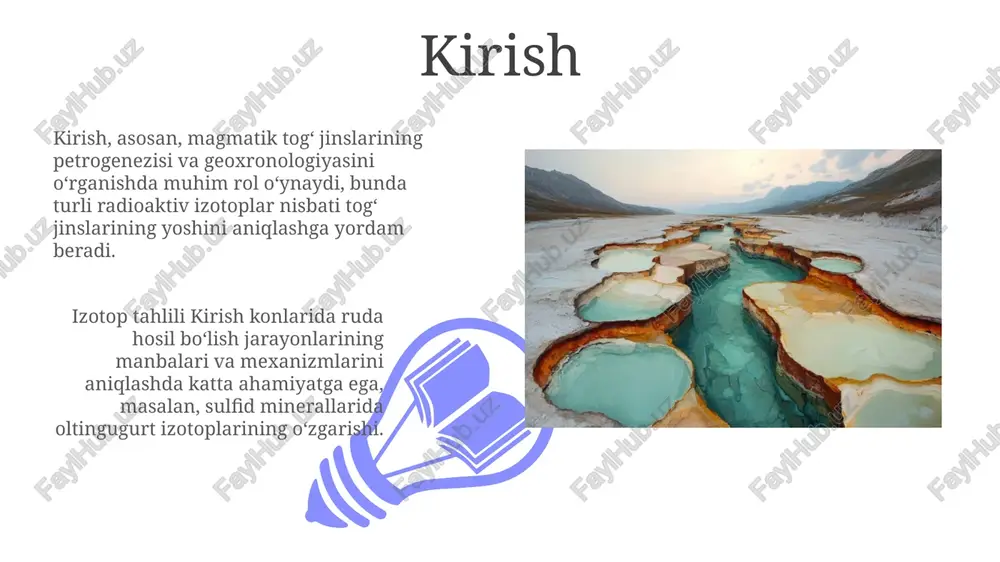 esurslarining izotopik o'rganilishi 18o va 2h izotoplari nisbatlarini tahlil qilish orqali suvning kelib chiqishi va harakat yo'nalishini aniqlashga yordam beradi. tritiy (3h) va uglerod-14 (14c) izotoplari yordamida yer osti suvlarining yoshini aniqlash orqali, suv resurslaridan oqilona foydalanish strategiyasini ishlab chiqish mumkin. atrof-muhit geokimyosida izotoplar atrof-muhit geokimyosida izotoplar, masalan, uglerod-14 (¹⁴c), organik moddalarning kelib chiqishini aniqlashda va ifloslanish manbalarini aniqlashda muhim rol o'ynaydi. barqaror izotoplar nisbati, masalan, oltingugurt (³²s/³⁴s) nisbati, atmosfera va gidrosferadagi sulfat manbalarini ajratishga yordam beradi, bu esa kislotali yomg'irni o'rganishda muhim. geoxronologiya va radiometrik dating 01 02 geoxronologiya togʻ jinslari va minerallarning mutlaq yoshini aniqlash uchun radiometrik usullardan foydalanadi, masalan, uran-qoʻrgʻoshin usuli 4,5 milliard yillik yoshgacha boʻlgan namunalar uchun qoʻllaniladi. sales 1st qtr 2nd qtr 100 0 sales 1st qtr 2nd qtr 100 0 havoning izotopik tadqiqoti havoning izotopik tadqiqoti atmosferadagi gazlarning izotop nisbatlarini o'lchaydi, masalan uglerod-13/uglerod-12 nisbati, geologik jarayonlar, shu jumladan vulqon faolligi va er osti gaz …