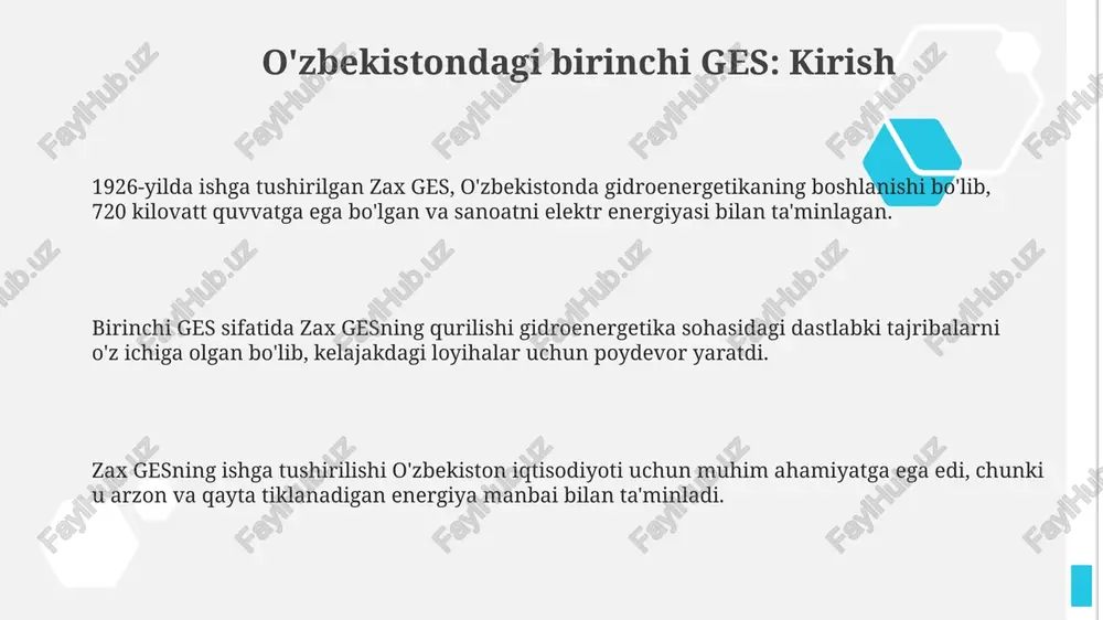 an ta'minlab, ishlab chiqarish xarajatlarini kamaytiradi va mahsulot raqobatbardoshligini oshiradi. loyiha natijasida yaratilgan ish o'rinlari aholi bandligini ta'minlab, daromadlarini oshiradi va hududda ijtimoiy-iqtisodiy barqarorlikni mustahkamlaydi, shu bilan mintaqaviy rivojlanishga hissa qo'shadi. gidroelektrostantsiya import qilinadigan qazilma yoqilg'ilarga bog'liqlikni kamaytiradi, energetika mustaqilligini mustahkamlaydi va mamlakatning energiya resurslarini diversifikatsiya qilish imkonini beradi. energetika tizimiga ta'siri 1936-yilda qurilgan ges, gidroenergetika sohasida yangi texnologiyalarni joriy etishga turtki berdi va 20 mvt quvvatga ega bo'lib, regional elektr tarmoqlarini rivojlantirishni rag'batlantirdi. birinchi gesning ishga tushirilishi energetika tizimining barqarorligini oshirib, 15% gacha elektr energiyasi ta'minotida importga bo'lgan bog'liqlikni kamaytirdi. gesning paydo bo'lishi, kam uglerodli energiya manbalaridan foydalanishga o'tishning dastlabki bosqichi bo'lib, atmosferaga 10,000 tonnagacha co2 chiqindilarining kamayishiga olib keldi. ekologik jihatlari va atrof-muhitga ta'siri farhod ges qurilishi suv resurslaridan foydalanishni sezilarli darajada oshirdi, natijada sirdaryo daryosidagi suv oqimining miqdori va sifatiga ta'sir ko'rsatdi. daryoning tabiiy oqim rejimining o'zgarishi baliq populyatsiyasi va suv ekotizimiga salbiy ta'sir ko'rsatdi, biologik xilma-xillikning …