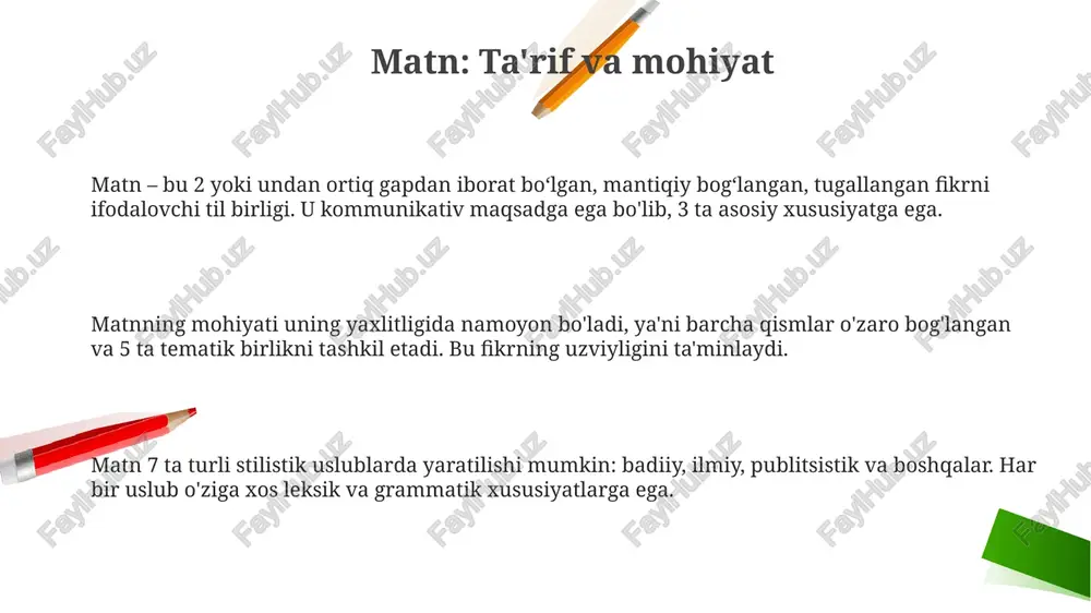 h yoki jarayonni bajarish uchun zarur bo'lgan qadamlarni aniq tushuntiradi, shu bilan "xavfsizlik qoidalariga rioya qiling" kabi ogohlantirishlarni o'z ichiga oladi. ko'rsatmalarga oid matnlarda "soat yo'nalishi bo'yicha burang", "tugmani 5 soniya bosib turing" kabi aniq fe'llar va o'lchov birliklari (masalan, gramm, santimetr) ishlatiladi hamda "agar shunday bo'lsa, u holda shunday qiling" kabi shartli iboralar qo'llaniladi. matn turlarini aniqlash va tahlil qilish tahlil jarayonida matnning maqsadini aniqlash kerak, bu esa 6 ta asosiy kommunikativ vazifani (axborot berish, ta'sir o'tkazish va boshqalar) aniqlashga yordam beradi. matn turlarini aniqlashda lingvistik xususiyatlar, masalan, so'z tanlash chastotasi va grammatik konstruksiyalarning tarqalishi, muhim rol o'ynaydi, 75% aniqlik beradi. matn turini tahlil qilishda kontekst muhim ahamiyatga ega; masalan, ilmiy maqola 90% hollarda rasmiy uslubda yoziladi, bu uslub talablari bilan belgilanadi. e'tiboringiz uchun rahmat image5.png image2.png image1.png