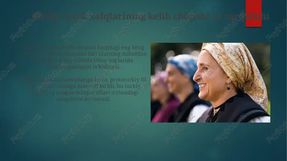 illikka erishdi. turkiya respublikasi 1992-yilda bu yangi mustaqil davlatlarni tan oldi va ularning siyosiy va iqtisodiy rivojlanishida muhim rol o'ynadi, shuningdek ko'p tomonlama hamkorlikni qo'llab quvvatladi. turk madaniyati va san'ati: umumiy meros turkiy xalqlar o'rtasida o'ziga xos uyg'unlikni aks ettiruvchi, gilamdo'zlik san'ati miloddan avvalgi 2-mingyillikka borib taqaladi va uning 100 dan ortiq naqshlari mavjud. turkiy musiqiy merosda 'qo'biz' kabi torli cholg'ular muhim o'rin tutadi, u 8-asrga oid bo'lib, 12 xil turdagi kuy va ohanglarni yaratishga imkon beradi. xulosa: turk xalqlarining jahon tarixidagi o'rni turkiy xalqlar, 6-asrda turk xoqonligini yaratib, buyuk ipak yo'li orqali madaniy va iqtisodiy aloqalarni rivojlantirishga katta hissa qo'shgan. o'rta asrlarda turkiy sulolalar, jumladan saljuqiylar va usmonlilar imperiyasi, islom olamining siyosiy va madaniy markazlarida muhim rol o'ynab, 1453-yilda konstantinopolni zabt etgan. e'tiboringiz uchun rahmat image7.jpg image8.jpg image9.jpg image10.jpg image11.jpg image12.jpg image13.jpg image14.jpg image15.jpg image16.jpg image17.jpg image18.jpg image1.png image2.png image3.png image4.png