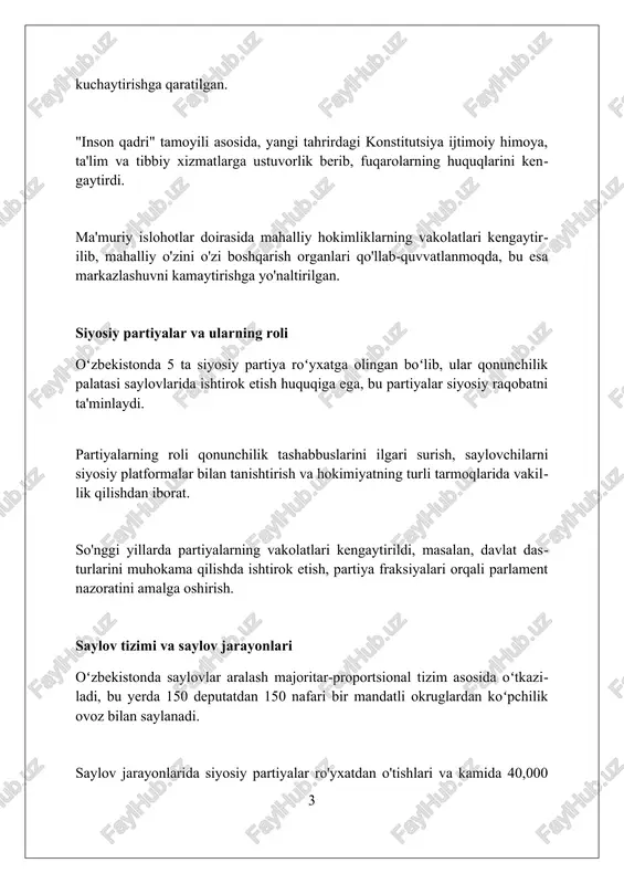 esa partiyalar o'rtasidagi raqobatni kuchaytirdi va siyosiy plyuralizmning o'sishiga turtki bo'ldi. xususiylashtirish jarayoni yangi mulkdorlar sinfini shakllantirdi, ular siyosiy hokimiyatga ta'sir o'tkazishga intilib, 2024 yilga kelib lobbichilik faoliyatini rivojlantirishga hissa qo'shdi. iqtisodiy liberallashtirish oqibatida fuqarolik jamiyati institutlari, shu jumladan nodavlat tashkilotlarining roli oshdi, ular 1991 yildan beri siyosiy jarayonlarda tobora faol ishtirok etmoqda. davlat boshqaruvi tizimining takomillashuvi davlat boshqaruvida “raqamli hukumat”ni joriy etish bo‘yicha keng ko‘lamli islohotlar amalga oshirilmoqda. 2024-yilga qadar 300 dan ortiq davlat xizmatlari elektron shaklga o‘tkazilishi rejalashtirilgan. mahalliy hokimliklar faoliyatida shaffoflikni oshirish uchun 2023-yilda “ochiq byudjet” loyihasini kengaytirish, budjet mablag‘larining 50% dan ortig‘i jamoatchilik muhokamasiga kiritilishi belgilandi. davlat xizmatchilarining malakasini oshirish maqsadida 2022-yilda prezident huzuridagi davlat boshqaruvi akademiyasi qayta tashkil etildi, unda 10 dan ortiq yangi o‘quv dasturlari joriy etildi. korruptsiyaga qarshi kurash choralari o'zbekistonda 2017-yildan boshlab korrupsiyaga qarshi kurashish bo'yicha davlat dasturlari qabul qilinib, biznesdagi ma'muriy to'siqlarni bartaraf etishga qaratilgan. 2020-yilda korrupsiyaga qarshi kurashish agentligi tashkil …