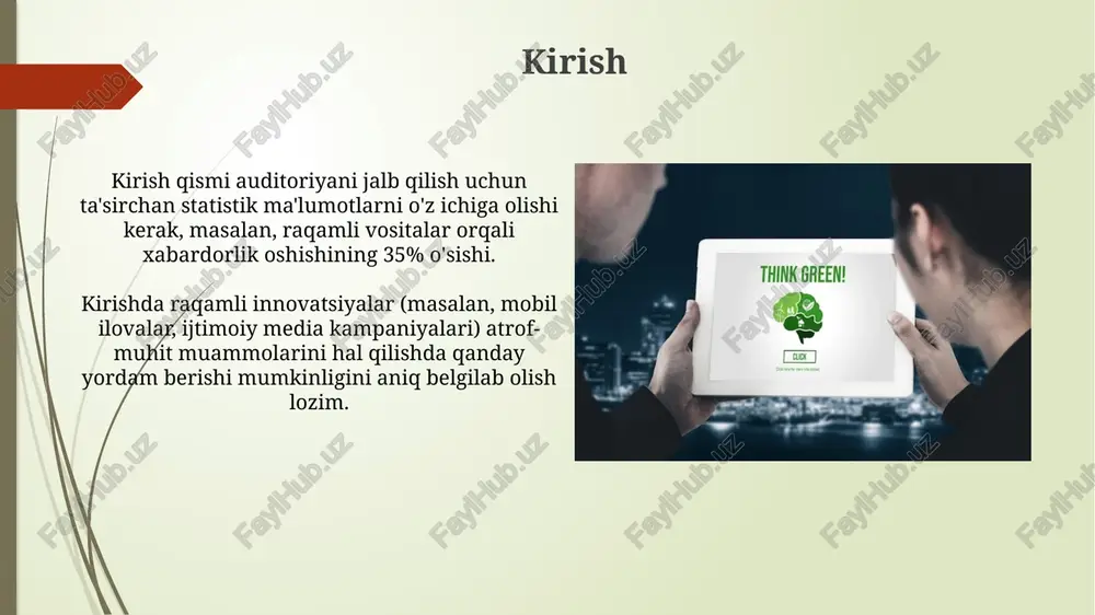 llashtiriladi va hisobdorlik 2 barobar oshiriladi. uglerod kreditlari savdosi uchun blokcheyn 24/7 xavfsiz platforma yaratadi, tranzaksiyalarni avtomatlashtiradi va 99% firibgarlik xavfini kamaytiradi, shuningdek xarajatlarni qoplaydi. aqlli shaharlar va barqarorlik aqlli shaharlarda energiya samaradorligini oshirish uchun 1000 dan ortiq sensorlar o'rnatiladi, bu esa resurslardan foydalanishni 15-20 foizga optimallashtiradi. ma'lumotlarga asoslangan boshqaruv orqali chiqindilarni qayta ishlash darajasini 60 foizga yetkazish, kamida 50 ta yangi qayta ishlash korxonalarini tashkil etish rejalashtirilgan. crowdsourcing va fuqarolik fani fuqarolik fani tadqiqot loyihalari 1000 dan ortiq ishtirokchini jalb qilishi mumkin, ularning ma'lumotlari tahlil qilinadi va ekologik muammolarni hal qilish uchun ishlatiladi. crowdsourcing atrof-muhit monitoringida keng qo'llaniladi; masalan, 5000 dan ortiq kuzatuvchi suv sifati ma'lumotlarini to'plashda ishtirok etishi mumkin. raqamli marketing va ekologik xabardorlik raqamli marketing strategiyalari, masalan, maqsadli reklama orqali, atrof-muhitni muhofaza qilish boʻyicha 30% samaraliroq xabardorlik kampaniyalarini yaratish imkonini beradi. ijtimoiy media platformalarida ekologik mavzudagi 75 milliondan ortiq xeshteglar ekologik muammolar haqida onlayn munozaralarni kuchaytirib, xabardorlikni …