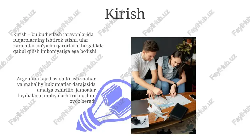 umkin. ijtimoiy va siyosiy ta'siri ishtirok etish byudjetlari davlat xizmatlariga bo'lgan talabni aniqlashga yordam beradi, bu esa 20% dan 30% gacha ijtimoiy tenglikni yaxshilashga olib kelishi mumkin. fuqarolarning budjet jarayonida ishtirok etishi mahalliy siyosatchilarning hisobdorligini oshiradi, 15% dan 25% gacha korruptsiya holatlarini kamaytiradi. iqtisodiy ta'siri va natijalari argentina tajribasida ishtirok etuvchi byudjetlashtirish dasturlari 2002-2015 yillarda iqtisodiy o'sishni 0.3-0.5 foizga oshirgan, bu esa mahalliy daromadning ko'payishiga olib kelgan. o'tkazilgan tahlillar shuni ko'rsatdiki, ishtirok etuvchi byudjetlashtirish investitsiyalari qashshoqlik darajasini 5-10 foizga kamaytirishga yordam beradi, ayniqsa kam ta'minlangan hududlarda. xulosalar va tavsiyalar 01 02 "xulosalar va tavsiyalar" bo'limi argentina ishtirokiy byudjetlashtirish tajribasining muhim qismlarini jamlaydi va 2024-yilga kelib, olingan saboqlarni taqdim etadi. sales 1st qtr 2nd qtr 100 0 sales 1st qtr 2nd qtr 100 0 e'tiboringiz uchun rahmat image4.png image5.jpg image6.jpg image7.jpg image8.jpg image9.jpg image10.jpg image11.jpg image12.jpg image13.jpg image14.jpg image15.jpg image16.jpg image1.jpeg image2.jpeg image3.jpeg