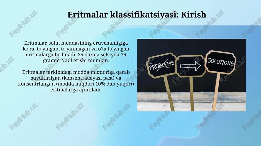 ro ta'sirga ega, yuqori barqarorlikka ega, ammo liofob kolloidlar bunday bog'lanishga ega emas va stabilizatorlar talab etiladi. to'yinmagan, to'yingan va o'ta to'yingan eritmalar to'yinmagan eritmalarda ma'lum haroratda erituvchi eritishi mumkin bo'lgan moddaning maksimal miqdoridan kamroq modda erigan. masalan, 25°c da 100 gramm suvda 30 grammdan kam tuz erisa. to'yingan eritmalarda muayyan haroratda eruvchan moddaning maksimal miqdori erigan bo'ladi. misol uchun, 40°c da 100 ml suvda 36 gramm nacl erisa, eritmamiz to'yingan bo'ladi. eritmalar tayyorlash: asosiy tushunchalar eritmalar, ikki yoki undan ortiq moddaning gomogen aralashmasi boʻlib, ular eruvchi modda va erituvchidan iborat. erituvchi, odatda, 50% dan koʻproq miqdorda bo'ladi va erituvchi moddani eritadi. eritmalarning konsentratsiyasi gramm/litr, mol/litr (molyarlik) yoki foizlar bilan ifodalanishi mumkin. masalan, 10% li tuz eritmasi 10 gramm tuzni 90 gramm suvda eritish orqali tayyorlanadi. og'irlik ulushiga ko'ra eritma tayyorlash og'irlik ulushiga ko'ra eritma tayyorlashda, kerakli massa nisbati (masalan, 10% li eritma uchun) erituvchi va erigan modda massalari nisbatiga …