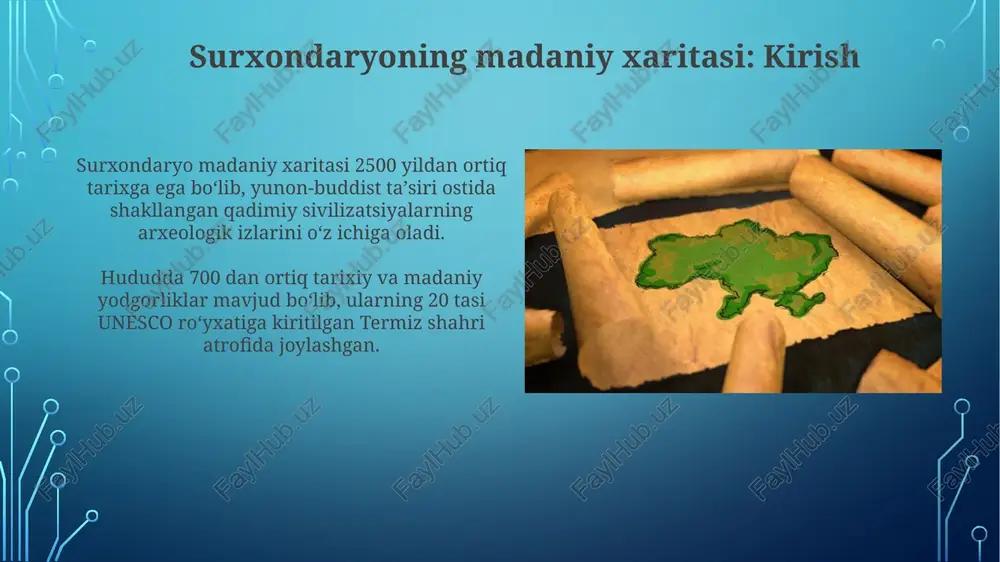 atilmoqda. turizm va mehmondo'stlik surxondaryoning 175 dan ortiq mehmon uylari mahalliy urf-odatlarni namoyish etadi, turistlarga 3 mahal ovqat va an'anaviy hunarmandchilik mahorat darslarini taklif etadi. hududda 50 dan ortiq oilaviy mehmonxonalar mavjud bo'lib, ular 1000 dan ortiq o'rinli joy bilan ta'minlaydi hamda an'anaviy surxon oshxonasidan taomlar taklif etadi. surxondaryoning madaniy merosini saqlash va rivojlantirish istiqbollari 2024-2030 yillarda turizm infratuzilmasini modernizatsiya qilish orqali xalqaro sayyohlarni 30% ga ko'paytirish, shu bilan birga madaniy merosni saqlash ustuvorligi saqlanib qoladi. hunarmandchilikni rivojlantirish uchun subsidiyalarni 40% ga oshirish va 5 ta yangi hunarmandchilik markazini tashkil etish orqali an'anaviy kasblarni tiklash, yosh avlodni jalb qilish. e'tiboringiz uchun rahmat image4.jpg image5.jpg image6.jpg image7.jpg image8.jpg image9.jpg image10.jpg image11.jpg image12.jpg image13.jpg image14.jpg image15.jpg image1.png