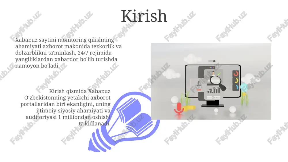 sekunddan kam bo'lishi kerak. google search console'da 'core web vitals' hisobotini tekshirish ham muhim. xavfsizlik monitoringi xavfsizlik monitoringi 24/7 rejimida amalga oshiriladi, kiberhujumlarni aniqlash va bartaraf etish uchun siem (security information and event management) tizimlaridan foydalaniladi. zaifliklarni baholash uchun muntazam ravishda penetration testlar o'tkaziladi, owasp top 10 ro'yxatidagi xavflar va zaif kodlash amaliyotlari tekshiriladi. kontent monitoringi kontent monitoringi xabar.uz saytida 24/7 rejimda amalga oshiriladi, bu esa soxta ma'lumot, haqoratli so'zlar va qoidalarga zid bo'lgan 100 dan ortiq turdagi kontentni tezkor aniqlash imkonini beradi. xabar.uz saytida kontent monitoringi uchun maxsus dasturiy ta'minot va 5 dan ortiq mutaxassislar jamoasi ishlaydi, ular 99% aniqlik bilan buzilishlarni aniqlab, ularni zudlik bilan bartaraf etadi. foydalanuvchilar xatti-harakatlarini tahlil qilish 01 02 saytda foydalanuvchilarning harakatlarini kuzatish orqali, xarid qilish savatchasini tashlab ketish darajasini aniqlash mumkin, bu esa 70% dan oshmasligi kerak va muammolarni hal qilishga yordam beradi. sales 1st qtr 2nd qtr 100 0 sales 1st qtr …