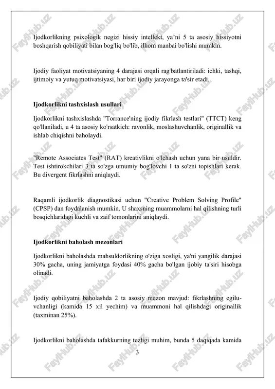ktik vazifa qo'yiladi. asosiy xususiyatlardan biri, o'quvchilarning mustaqil fikrlashini rag'batlantirish va 5w1h (what, why, when, where, who, how) metodidan foydalanish orqali ijodiy yechimlarni topishga yo'naltirishdir. ijodiy darslar 4 bosqichdan iborat bo'lib, ular: motivatsiya, g'oyalarni yaratish (brainstorming), tanqidiy baholash va 3d modellashtirish orqali mahsulotni ishlab chiqishni o'z ichiga oladi. ijodiy darsni loyihalashtirish tamoyillari ijodiy dars loyihasida maqsad aniqligi: o'quvchi kompetensiyalarini rivojlantirishning real maqsadlari, 7 asosiy ko'nikmaga yo'naltirilgan aniq vazifalarni belgilash muhim. innovatsion usullar tanlovi: 5e modeli, loyihalar, munozaralar, va rolli o'yinlar kabi usullarni qo'llash, 3 asosiy didaktik tamoyilga mos kelishi kerak. baholashning ochiqligi: baholash mezonlarini oldindan e'lon qilish, 4 turdagi baholash usullarini (o'z-o'zini baholash, tengdosh bahosi) amaliyotga kiritish. ijodiy dars yo'nalishlarining mazmuni ijodiy dars yo'nalishlarining mazmuni o'quvchilarni yangi g'oyalar yaratishga, 3d modellashtirish kabi amaliy vazifalarni bajarishga undaydi va kompetentlikni oshiradi. bu yo'nalishlar 4 asosiy elementni o'z ichiga oladi: muammolarni aniqlash, yechim variantlarini ishlab chiqish, prototiplarni yaratish va ularni baholash. ijodiy dars …