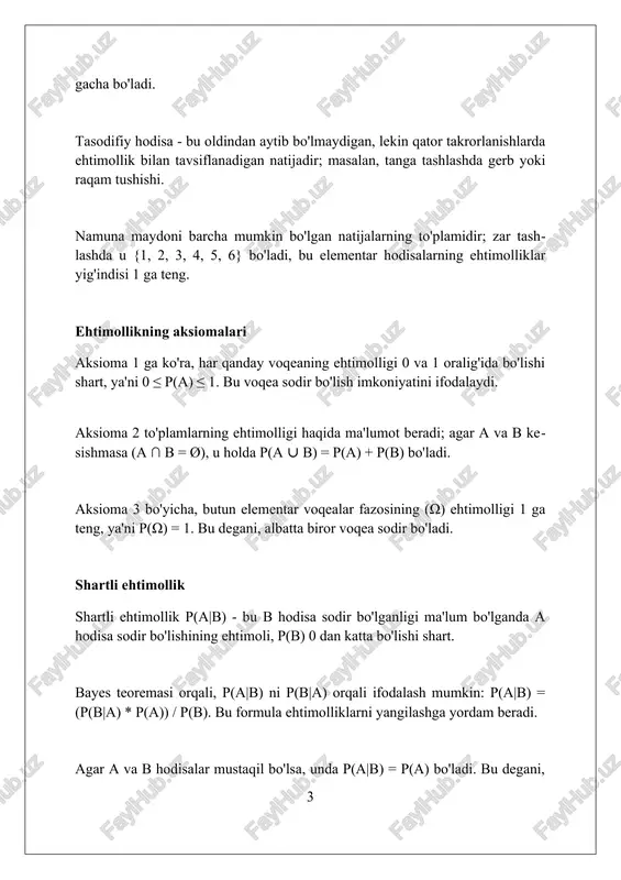 topish imkonini beradi, ya'ni tf(x) ezf ning -∞ dan x gacha bo'lgan integrali hisoblanadi. matematik kutilma va dispersiya matematik kutilma, e(x), tasodifiy oʻzgaruvchining oʻrtacha qiymatini ifodalaydi, uning formulasi diskret oʻzgaruvchilar uchun ∑x * p(x), uzluksiz oʻzgaruvchilar uchun esa ∫x * f(x) dx hisoblanadi. dispersiya, var(x), matematik kutilmadan ogʻishlarning kvadratlarining oʻrtacha qiymati boʻlib, ma'lumotlarning tarqalishini oʻlchaydi. uning formulasi var(x) = e[(x - e(x))^2] yoki var(x) = e(x^2) - [e(x)]^2. standart ogʻish dispersiyaning kvadrat ildizi boʻlib, σ = √var(x) formulasi bilan aniqlanadi. u, ma'lumotlar o'rtacha qiymatdan qanchalik uzoqda ekanligini ko'rsatadi, 68-95-99.7 qoidasi orqali. mashhur taqsimotlar (binomial, puasson, normal) binomial taqsimot ikkilamchi natijalar (muvaffaqiyat/mag'lubiyat) bilan n mustaqil sinovning muvaffaqiyatli sonini ifodalaydi, har bir sinovda p muvaffaqiyat ehtimoli bilan, masalan, 10 tangani tashlashda gerb tushish soni. puasson taqsimoti ma'lum vaqt oralig'ida yoki joyda voqealarning o'rtacha λ stavkasi bilan sodir bo'ladigan voqealar sonini modellaydi, bunda voqealar orasidagi vaqt eksponensial taqsimotga ega, misol uchun, 1 soat …