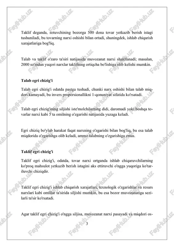 if bir vaqtning o'zida o'zgarsa, bozorda noaniqlik yuzaga keladi; masalan, talab 5% ga oshsa va taklif 3% ga kamaysa, narxlar keskin o'sishi mumkin. muvozanatga ta'siri talabning o'zgarishi muvozanat narxini va miqdorini o'zgartiradi. agar talab ortsa, muvozanat narxi va miqdori ham ortadi, kamaysa esa, kamayadi. masalan, modaga kirgan mahsulotlar narxi keskin oshadi. taklifning o'zgarishi ham muvozanatga ta'sir etadi. agar taklif ortsa, muvozanat narxi kamayadi, miqdori esa ortadi. masalan, hosildorlik oshishi bilan qishloq xo'jaligi mahsulotlari arzonlashadi. davlat aralashuvi, soliqlar yoki subsidiyalar orqali bozor muvozanatini buzishi mumkin. soliqlar narxlarni oshiradi, subsidiyalar esa kamaytiradi, bu esa miqdorga va resurs taqsimotiga ta'sir qiladi. narx chegaralari va minimal narxlar narx chegaralari, odatda, mahsulot yoki xizmat uchun qonuniy ravishda o'rnatilgan maksimal narx bo'lib, iste'molchilarni himoya qilish maqsadida bozorda talab ortiqcha bo'lishiga olib kelishi mumkin. minimal narxlar, aksincha, tovar yoki xizmat uchun belgilangan minimal narx bo'lib, ko'pincha qishloq xo'jaligi mahsulotlarida qo'llaniladi va ortiqcha taklifga olib kelishi mumkin. iqtisodiy …