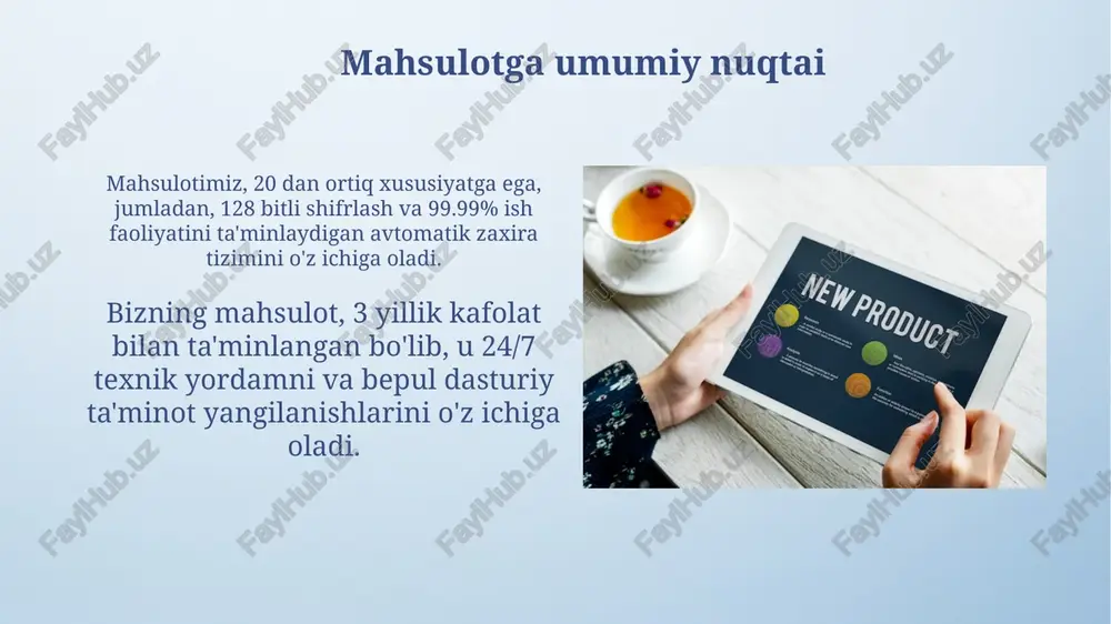 alga oshiriladi. ishlab chiqarish jarayoni ishlab chiqarish sikli 5 bosqichdan iborat: xom ashyoni tayyorlash, aralashtirish, shakllantirish, pishirish (200 daraja selsiyda) va sifat nazorati, har bir bosqichda texnik parametrlar qat'iy kuzatiladi. bizning ishlab chiqarish liniyamiz yiliga 100,000 dona mahsulot ishlab chiqarish quvvatiga ega bo'lib, bu raqam resurslarni optimallashtirish va innovatsion texnologiyalarni joriy etish orqali erishilgan. sifat nazorati 'sifat nazorati' kompaniyasining mahsuloti iso 9001 standartlariga muvofiq ishlab chiqarilgan bo'lib, har bir detal sifat va ishonchlilikni ta'minlash uchun sinovdan o'tadi. 'sifat nazorati' mahsulotlari 99,9% aniqlik darajasiga ega bo'lib, bu jarayonlarda kam xatolikni va optimal natijalarni kafolatlaydi. qadoqlash va yetkazib berish qadoqlashda mahsulotning optimal saqlanishi uchun 5 qatlamli gofrirovka qilingan karton qutilaridan foydalanamiz, bu transport paytida 98% gacha shikastlanishning oldini oladi. yetkazib berish jarayonida gps kuzatuvi bilan ta’minlangan 25 dan ortiq transport vositalaridan foydalanamiz, bu esa mijozlarga buyurtmalarini real vaqt rejimida kuzatish imkonini beradi. narx siyosati narx belgilashning psixologik usullari, masalan, 999 so'mlik narxlar, …