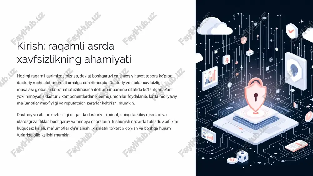 y intellekt himoyasi ai asosidagi xavfsizlik tizimlari anomal xatti-harakatlarni aniqlash 9 inson omili aralashuvi va xavfsizlik madaniyati dasturiy vositalar xavfsizligini ta'minlashda xodimlarni muntazam o'qitish va axborot xavfsizligi madaniyatini oshirish muhim o'rin tutadi. ko'plab hujumlar texnik zaifliklardan emas, balki inson omilidan kelib chiqadi. 72% xavfsiz foydalanish foydalanuvchilarning xavfsiz foydalanish ko'nikmalarini shakllantirgan qismi 55% muntazam treninglar xodimlari uchun kiberxavfsizlik bo'yicha muntazam treninglar o'tkazadigan tashkilotlar 68% hujum tajribasi kamida bir marta dasturiy xatolik tufayli tizimining buzilishiga duch kelgan korxonalar 10 xulosa: uzluksiz xavfsizlik strategiyasi dasturiy vositalar xavfsizligini ta'minlash — bu doimiy e'tibor va yangilanishni talab etuvchi jarayon. xavfsizlikni faqat bir martalik chora sifatida emas, balki uzluksiz strategiya sifatida ko'rish lozim. har bir ishlab chiquvchi, foydalanuvchi va tashkilot o'z zimmasiga axborot xavfsizligini ta'minlash mas'uliyatini olishi kerak. texnik choralar kod auditi, xavfsizlik testlari, kriptografik himoya va avtomatik tahlil vositalari inson omili xodimlarni o'qitish, xavfsizlik madaniyatini shakllantirish va foydalanuvchi xavfsizligi tashkiliy siyosatlar xavfsizlik siyosatlarini kuchaytirish, yangilanishlarni …
