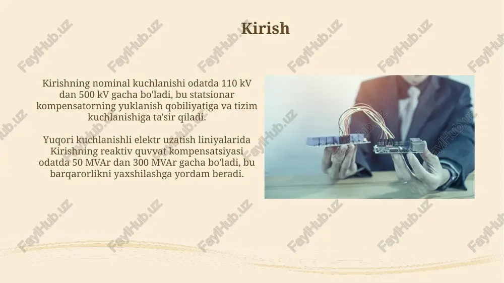 imlariga talablarni kuchaytiradi. kalitlash stressi va ishonchlilik kalitlash stressi kommutatsiya paytida kuchlanish va tokning yuqori o'zgarish tezligini (dv/dt, di/dt) keltirib chiqaradi, bu esa 15-20% haddan tashqari kuchlanishlarga olib kelishi mumkin. kalitlash stressi yarimo'tkazgich qurilmalarining ishdan chiqish tezligini oshiradi, 25% gacha, ayniqsa yuqori chastotali kommutatsiya vaqtida, bu ishonchlilikni pasaytiradi. statcomni boshqarish strategiyalari statcomni boshqarishda reaktiv quvvatni nazorat qilish strategiyasi, statcomning chiqish reaktiv quvvatini tarmoq talablariga mos ravishda sozlash uchun ishlatiladi, maqsad tarmoq voltajini barqarorlashtirishdir. voltajni nazorat qilish usuli statcomni boshqarishning yana bir muhim strategiyasidir, u tarmoqdagi voltajni belgilangan darajada ushlab turish uchun ishlatiladi, bu esa voltajning o'zgarishini kamaytiradi. tarmoqqa ulanish va muvofiqlashtirish tarmoqqa ulanishda kompensatorning reaktiv quvvatni nazorat qilish diapazoni tarmoqning kuchlanish darajasi bilan belgilanadi. standart qiymatlar odatda ±5% atrofida bo'ladi. muvofiqlashtirish jarayonida harmonik filtrlar muhim rol o'ynaydi; ular kompensatorning umumiy samaradorligini oshiradi va tarmoqdagi harmonik buzilishlarni kamaytiradi. amaliy misollar va tadqiqotlar 2018-yildagi tadqiqot shuni ko'rsatdiki, statcomning kommutatsiya chastotasini 1 khz …