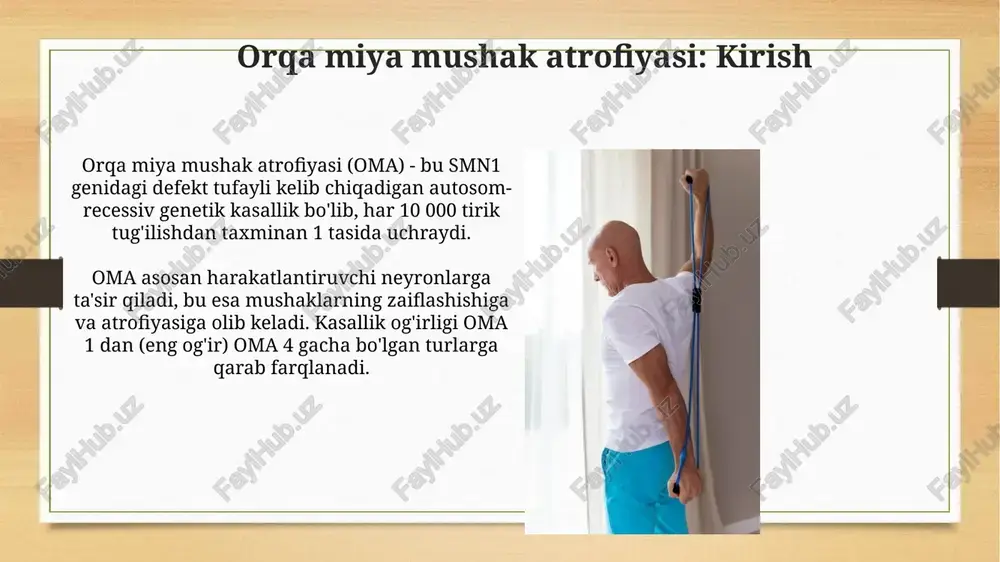 ligini oshiradi. yordamchi terapiya va parvarish yordamchi terapiya nafas olish yordamini o'z ichiga oladi, masalan, noninvaziv ventilyatsiya (niv) kechalari, alveolyar ventilyatsiyani yaxshilash va infektsiyalar xavfini kamaytirish uchun. fizioterapiya kontrakturalarni oldini olish, harakat diapazonini saqlash va mushak kuchini maksimal darajada oshirish uchun zarurdir, bu esa kundalik hayot uchun muhim ahamiyatga ega. prognoz va tadqiqotlar prognoz sma tipiga bog'liq; 1-tipda, davolanmasa, umr ko'rish davomiyligi 2 yildan oshmaydi, ammo gen terapiyasi natijalarni sezilarli darajada yaxshilaydi. tadqiqotlar gen terapiyasi (zolgensma), nusinersen (spinraza) va risdiplam (evrysdi) kabi dori vositalarining samaradorligini oshirishga qaratilgan, ular smaga qarshi yangi davolash usullarini izlashda davom etmoqda. e'tiboringiz uchun rahmat image7.png image8.jpg image9.jpg image10.jpg image11.jpg image12.jpg image13.jpg image14.jpg image15.jpg image16.jpg image17.jpg image18.jpg image3.png image4.png