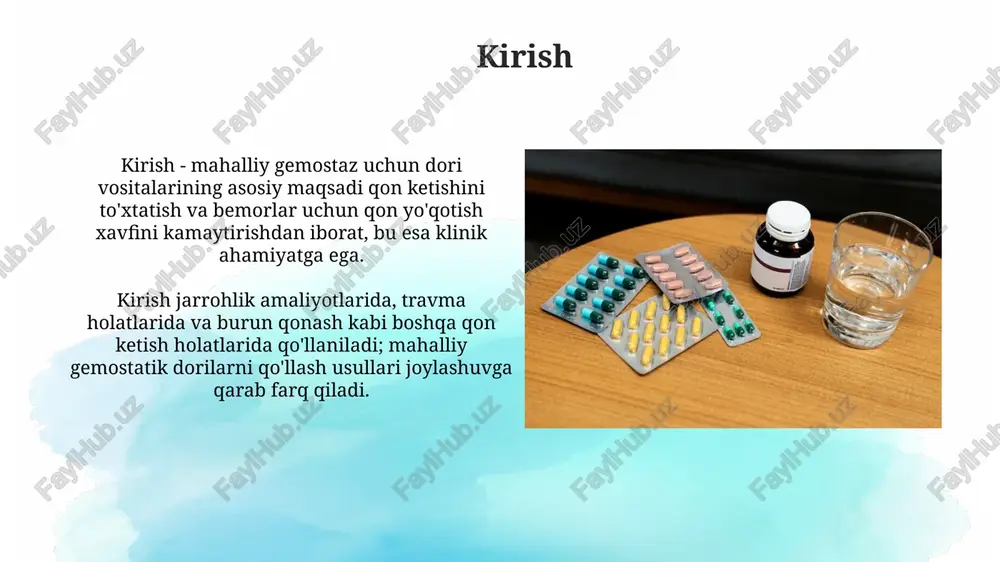 atik vosita, kapillyar rezistentligini oshiradi va trombotsitlarning adgeziyasini kuchaytiradi, bu esa qon ketishini to'xtatishga yordam beradi. xulosa xulosa shuni ko'rsatadiki, mahalliy gemostaz uchun dori vositalari qon ketishini to'xtatishda tez va samarali natijalarga erishishga yordam beradi, ayniqsa 5-10 daqiqa ichida. tadqiqotlar shuni ko'rsatadiki, mahalliy gemostatik dorilarning samaradorligi qon ketish joyiga to'g'ri qo'llash, 1-2 dozani ishlatish bilan bog'liq. e'tiboringiz uchun rahmat image2.png image3.jpg image4.jpg image5.jpg image6.jpg image7.jpg image8.jpg image9.jpg image10.jpg image11.jpg image12.jpg image1.png