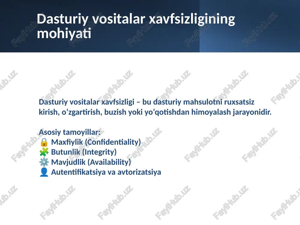 yicha mas’ul shaxs (security engineer yoki devsecops mutaxassisi) faoliyat yuritishi tavsiya etiladi. loyihalash va testlashdagi xatoliklar “security by design” tamoyiliga amal qilinmasligi. shifrlash mexanizmlarining noto‘g‘ri tanlanishi. xavfsizlik testlarining o‘tkazilmasligi. security by design — bu dasturiy ta’minot xavfsizligini dastlabki loyihalash bosqichidan boshlab rejalashtirish va amalga oshirish tamoyilidir. 🧩 tavsiya: har bir modulni alohida sinovdan o‘tkazish. sast, dast, pentest kabi vositalardan foydalanish. uchinchi tomon kutubxonalari muammosi ochiq manbali kutubxonalar zararli kod olib kirishi# ⚠️ real misollar: 🧨 equifax (2017) — apache struts kutubxonasidagi zaiflik sababli 143 million foydalanuvchi ma’lumotlari sizib chiqqan. 🪲 log4j (2021) — java’ning mashhur loglash kutubxonasida aniqlangan zaiflik butun dunyo bo‘ylab minglab tizimlarga kiberhujumlarga sabab bo‘lgan. chora-tadbirlar: faqat ishonchli manbalardan yuklab olingan kutubxonalarni ishlatish. kutubxonalar va modullarni doimiy yangilab borish. dasturga ulanayotgan barcha paketlarni avtomatik xavfsizlik skanerlari orqali tekshirish (masalan, dependabot, snyk, owasp dependency-check). versiya nazorat tizimi orqali kutubxona o‘zgarishlarini kuzatib borish. yangilanish va qo‘llab-quvvatlashdagi kamchiliklar 🔄dasturiy ta’minot vaqt …