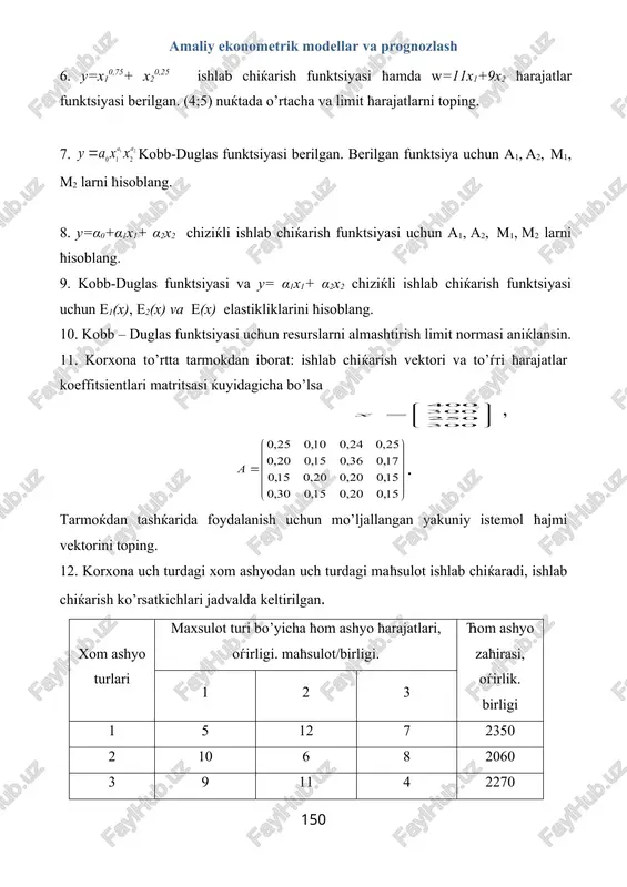 lsin. uni samaradolr ekanligini aniќlang. yalpi ishlab chiќarish bo’lsin. noishlab chiќarish vektori ќanday bo’ladi ? 16 d = 40 – 2p talab funktsiyasi uchun r = 4 bo’lganda narx bo’yicha talab elastikligini toping. 17. maћsulotga talab d (p) = 100 – 3p formula bilan aniќlagan bo’lsin. maћsulot narћi r = 20 pul birligi bo’lganda talab elastikligini toping 18. maћsulot tannarxi s va uni ishlab chiќarish ћajmi q orasidagi boѓlanish c = 50 – 0,5q formula orќali ifodalan bo’lsin. maћsulot ishlab chiќarish ћajmi q = 30 pul.birligi bo’lganda tannaraxning elastikligini topish talab etiladi. 19. dunyo bozorida neftning r narx bo’yicha uzoќ muddatli talab d va taklif s funktsiyalari mos ravishda ќuyidagi ko’rinishda berilgan bo’lsin d = 30 – 0,9p, s = 16 + 1,2p. muvozanat nuќtasida talab elastikligini toping. bozorda neftga taklif 25%ga kamayganda muvozanat baћosi va talab elastikligi ќanday o’zgaradi. 20. r narx bo’yicha d talab va s taklif funktsiyalari …