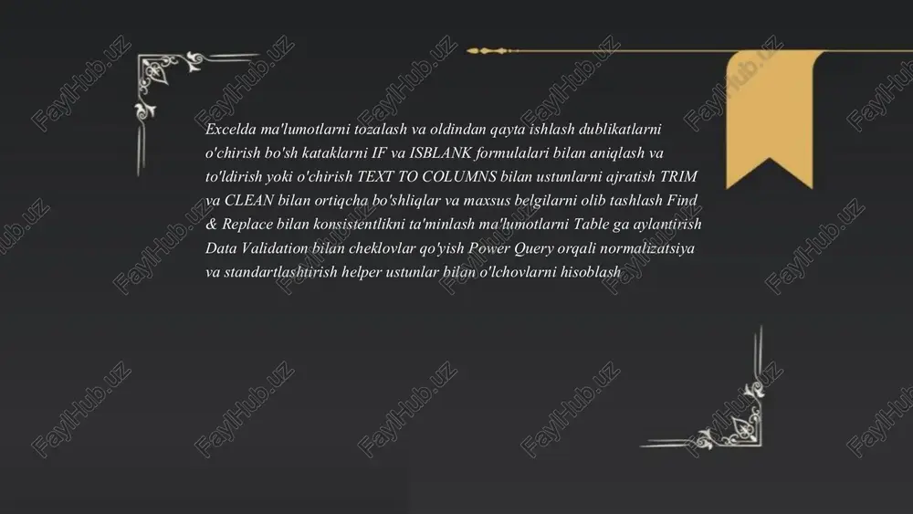 ni anglatadi. ikkala funksiyada argumentlar teng uzunlikda bo‘lishi va raqamli qiymatlar bo‘lishi kerak. ... t.me/slaydai_bot linest va trend excelda chiziqli regressiya va prognozlash uchun ishlatiladi. linest sintaksisi: =linest(known_y's, known_x's, const, stats) bo'lib, slope(lar) va interceptni qaytaradi; stats=true bo'lsa r^2, standart xato, f statistikasi va daraja erkinlik kabi qo'shimcha natijalar olinadi. trend sintaksisi: =trend(known_y's, known_x's, new_x's, const) yordamida yangi x qiymatlar uchun bashorat qilinadi va diagrammada trend chizig'iga moslab ishlatiladi. ko'p o'zgaruvchilar uchun linest bir nechta x ustunlarini qabul qiladi. excelda ma’lumotni statistik qayta ishlash va ularning diagrammasini qurish ahmatov dilshodbek e'tiboringiz uchun raxmat! slide 1: excelda ma’lumotni statistik qayta ishlash va ularning diagrammasini qurish slide 2: excelda ma’lumotni statistik qayta ishlash va ularning diagrammasini qurish slide 3: ... slide 4: ... slide 5: ... slide 6: ... slide 7: ... slide 8: ... slide 9: ... slide 10: ... slide 11: excelda ma’lumotni statistik qayta ishlash va ularning diagrammasini qurish
