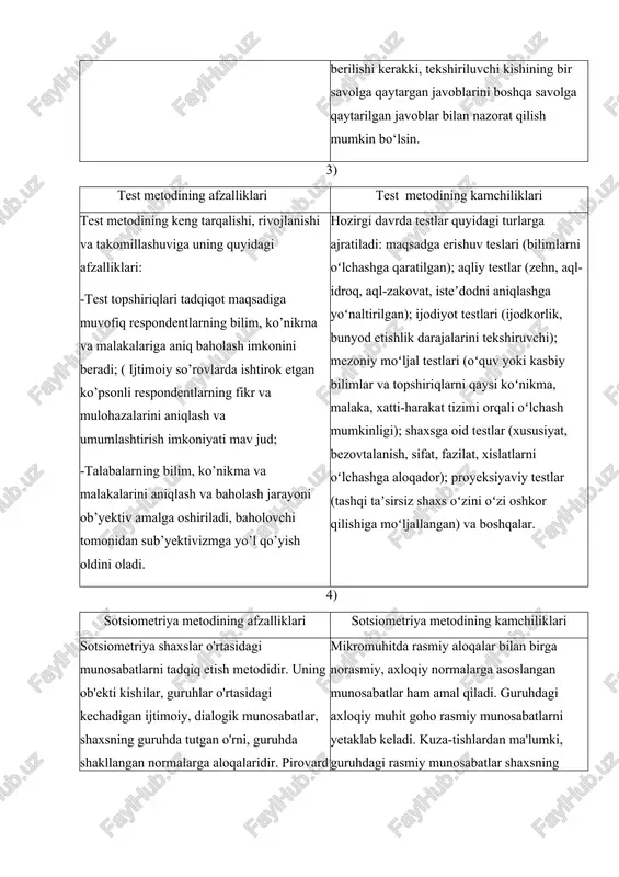 ); mezoniy moʻljal testlari (oʻquv yoki kasbiy bilimlar va topshiriqlarni qaysi koʻnikma, malaka, xatti-harakat tizimi orqali oʻlchash mumkinligi); shaxsga oid testlar (xususiyat, bezovtalanish, sifat, fazilat, xislatlarni oʻlchashga aloqador); proyeksiyaviy testlar (tashqi taʼsirsiz shaxs oʻzini oʻzi oshkor qilishiga moʻljallangan) va boshqalar. 4) sotsiometriya metodining afzalliklari sotsiometriya metodining kamchiliklari sotsiometriya shaxslar o'rtasidagi munosabatlarni tadqiq etish metodidir. uning ob'ekti kishilar, guruhlar o'rtasidagi kechadigan ijtimoiy, dialogik munosabatlar, shaxsning guruhda tutgan o'rni, guruhda shakllangan normalarga aloqalaridir. pirovard natijada bu masalalar ijtimoiy xarakter kasb etadi. sotsiologiyada shaxs va mikromuhit o'rtasidagi munosabatlarni sotsiometrik o'lchash, o'rganish keng tarqalgan. shuning uchun sotsio-metriya eng avvalo shaxs va mikromuhit aloqalarini o'rganishga qaratiladi. shaxs ijtimoiy munosabatlarning ob'ektidir. insonning ushbu munosabatlarni qabul qilishi yoki uni rad etishi sotsiometriyaning diqqat markazida turadi. mikromuhitda rasmiy aloqalar bilan birga norasmiy, axloqiy normalarga asoslangan munosabatlar ham amal qiladi. guruhdagi axloqiy muhit goho rasmiy munosabatlarni yetaklab keladi. kuza-tishlardan ma'lumki, guruhdagi rasmiy munosabatlar shaxsning faolligiga, boshqalar bilan aloqalariga, vazifalarini …