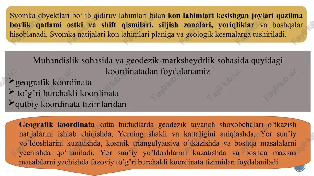 n joylashgan yer osti syomka punktlarga bog‘lashga imkon beradi. o’lchash natjalari marksheyderlik chizmalarini to‘ldirishga va qazib olish hajmini aniqlashga ishlatiladi. marksheyderlik tasvirga olish ishlarini olib borish uchun yagona koordinatalar tizimida geodezik tarmoqlar hosil qilinadi va ular quyidagilarga bo‘linadi: - davlat geodezik tarmoqlari - mahalliy ahamiyatga ega bo‘lgan tarmoqlar - tasvirga olish tarmoqlari. davlat geodezik tayanch tarmog‘i yagona koordinatalar tizimi bo‘yicha punktlar joylashishini aniqlaydi, punktlar tekislikda ishonchli mahkamlanadi. davlat geodezik tarmoqlarini qurishda triangulyatsiya , trilateratsiya, poligonometriya yuqori aniqlikdagi geometrik nivelirlash uslublaridan