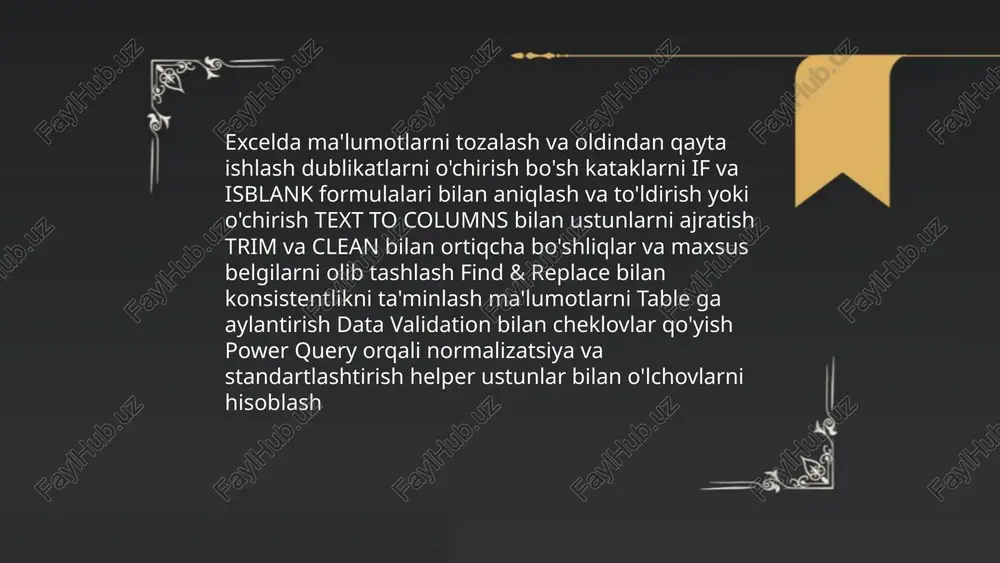 ni anglatadi. ikkala funksiyada argumentlar teng uzunlikda bo‘lishi va raqamli qiymatlar bo‘lishi kerak. ... t.me/slaydai_bot linest va trend excelda chiziqli regressiya va prognozlash uchun ishlatiladi. linest sintaksisi: =linest(known_y's, known_x's, const, stats) bo'lib, slope(lar) va interceptni qaytaradi; stats=true bo'lsa r^2, standart xato, f statistikasi va daraja erkinlik kabi qo'shimcha natijalar olinadi. trend sintaksisi: =trend(known_y's, known_x's, new_x's, const) yordamida yangi x qiymatlar uchun bashorat qilinadi va diagrammada trend chizig'iga moslab ishlatiladi. ko'p o'zgaruvchilar uchun linest bir nechta x ustunlarini qabul qiladi. excelda ma’lumotni statistik qayta ishlash va ularning diagrammasini qurish ahmatov dilshodbek e'tiboringiz uchun raxmat! image1.png image2.png image3.jpg /docprops/thumbnail.jpeg