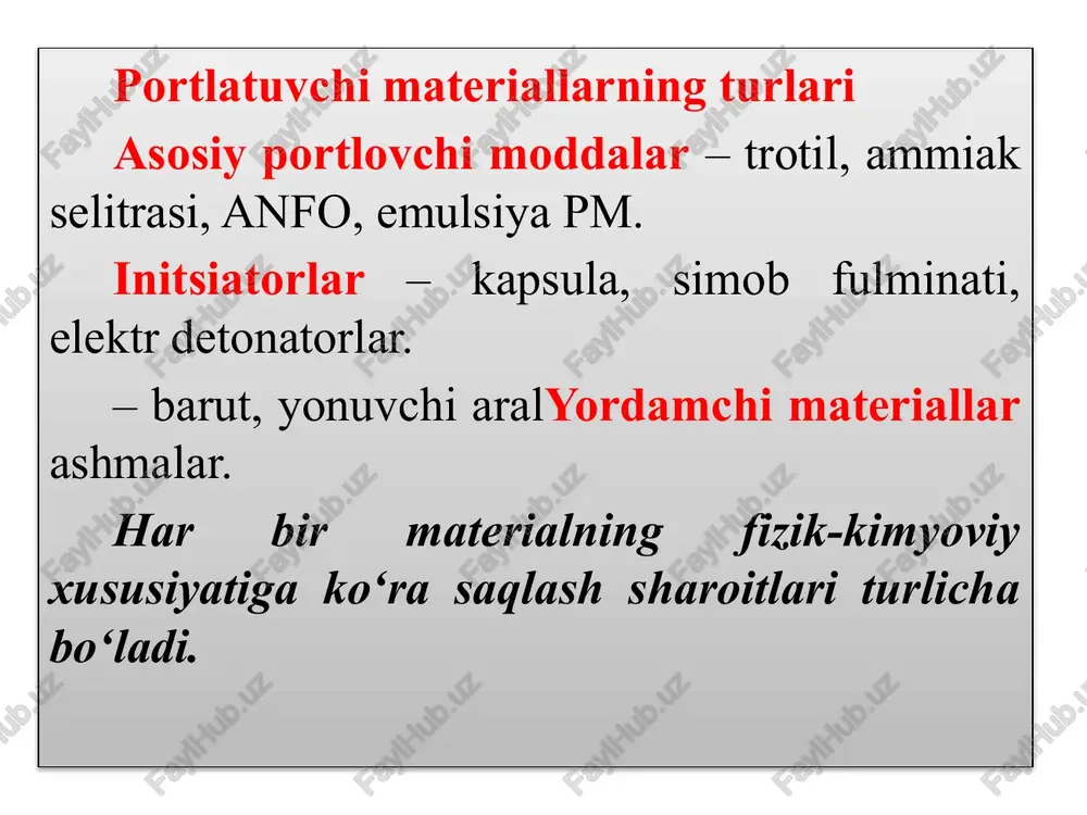 kon lahimlaridan alohida joyda, namlikdan himoyalangan vazifasiga ko‘ra markaziy ombor yirik hudud ehtiyoji uchun, turli pm alohida bo‘limlarda vazifasiga ko‘ra oraliq ombor qisqa muddatli saqlash, markaziy va kon maydoni o‘rtasida tasnif mezoni ombor turi xususiyatlari vazifasiga ko‘ra ishchi ombor kunlik ehtiyoj uchun, kon hududida joylashadi saqlash sharoitiga ko‘ra quruq ombor namlikdan himoyalangan, izolyatsiyalangan saqlash sharoitiga ko‘ra sovitilgan ombor sezuvchan pm uchun mo‘ljallangan saqlash sharoitiga ko‘ra ajratilgan ombor initsiatorlar, kapsula va detonatorlar uchun alohida omborlarni nazorat qilish va hujjatlashtirish omborlarni nazorat qilishning maqsadi portlovchi moddalarni me’yoriy talablar asosida saqlashni ta’minlash. ortiqcha yoki noqonuniy harakatlarning oldini olish. favqulodda vaziyatlar xavfini kamaytirish. ombor faoliyatini doimiy monitoring qilish. ichki nazorat tizimi omborda ishlovchi xodimlar tomonidan amalga oshiriladi. har bir qabul qilingan va chiqarilgan material maxsus jurnalga qayd etiladi. ombor harorat va namligi muntazam o‘lchanadi. xavfsizlik qoidalari bajarilishi ichki nazoratchilar tomonidan kuzatib boriladi. tashqi nazorat va davlat inspeksiyasi davlat inspeksiyalari va kon xavfsizlik xizmati tomonidan …