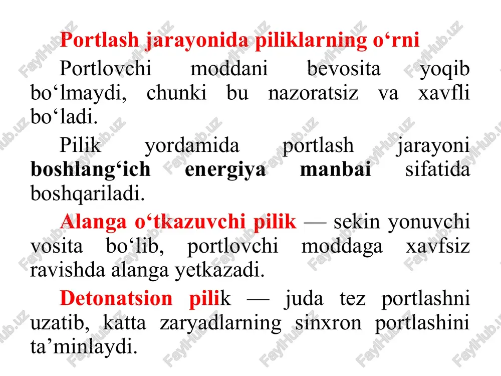 an kesiladi. portlatishdan oldin butun pilik zanjiri tekshirilishi va nazorat qilinishi kerak. faqat maxsus tayyorgarlikka ega mutaxassislar ishlatishi mumkin. ochiq usulda qazish ishlari davomida qattiq tog‘ jinslarini qazishga tayyorlash va foydali qazilma qatlamlariga kirish uchun portlatish usullari keng qo‘llaniladi. portlatish jarayonining muvaffaqiyati bir qator omillarga bog‘liq, jumladan tog‘ jinslarining portlovchanligi, portlatish tartibi va skvajinalarning (burg‘ulash teshiklari) joylashuvi. portlovchi modda sarfi tog‘ jinslarining xususiyatlariga va portlatishning texnologik parametrlari bilan moslashtiriladi. bu jarayonlarni to‘g‘ri rejalashtirish qazish ishlarini xavfsiz va samarali amalga oshirishda muhim ahamiyatga ega. 1. tog‘ jinslarining portlovchanligi portlovchanlik — bu tog‘ jinslarining portlovchi moddalar ta’sirida qancha darajada buzilishi yoki parchalanishi mumkinligini ifodalovchi xususiyatdir. tog‘ jinslarining portlovchanligi ular bilan qanday portlatish usullarini qo‘llash kerakligini aniqlashga yordam beradi. tog‘ jinslari o‘zlarining fizik-mexanik xususiyatlariga ko‘ra quyidagi darajalarda portlovchan bo‘ladi: 1.1. yumshoq jinslar yumshoq jinslar (masalan, qum, tuproq, loy) portlatish uchun kamroq portlovchi modda talab qiladi. bunday jinslarda portlatish juda samarali bo‘lib, tez parchalash …