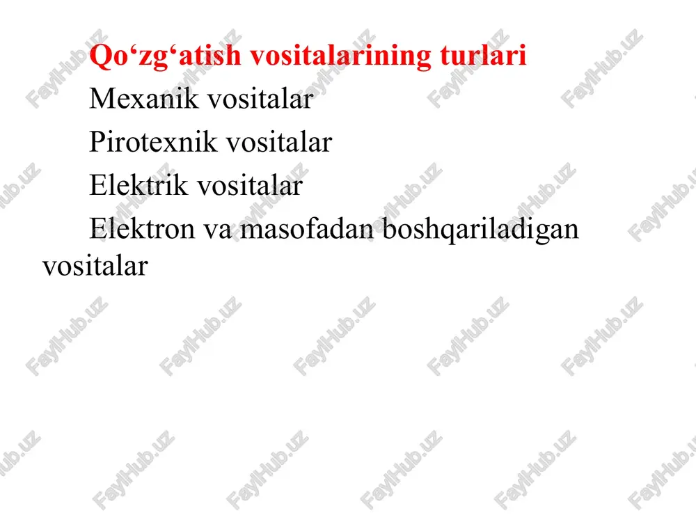 an bo‘lishi zarur. faqat maxsus tayyorgarlikdan o‘tgan mutaxassislar foydalanishi mumkin. konchilikda qo‘llaniladigan qo‘zg‘atish vositalari bickford fitili – oddiy sharoitda kichik zaryadlar uchun. elektr detonatorlar – ko‘p teshikli portlatishlarda. masofadan boshqaruv tizimlari – xavfsizlikni ta’minlash uchun. emulsiya patronlari uchun maxsus qo‘zg‘atuvchi qurilmalar – zamonaviy texnologiyalarda. xavfsizlik talablari qo‘zg‘atish vositalari alohida qutilarda, boshqa portlovchi moddalardan ajratib saqlanadi. tashish va ishlatishda tebranish, issiqlik va elektr uchqunidan himoyalash shart. faqat maxsus tayyorgarlikka ega mutaxassislar foydalanishi mumkin. portlatishdan oldin barcha elektr aloqa tizimlari tekshiriladi. /docprops/thumbnail.jpeg