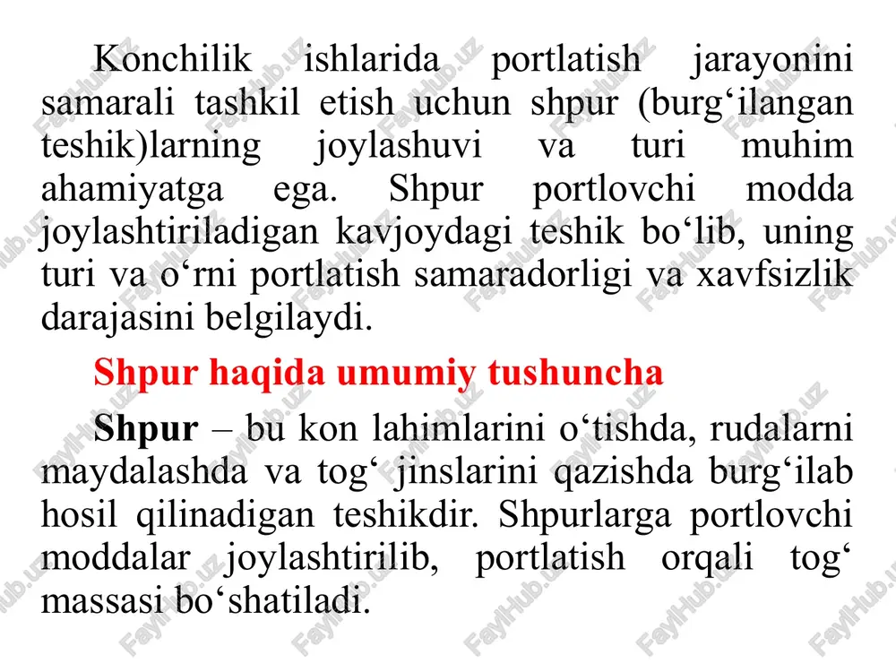 uningdek, portlash atrof-muhitga ta’sir ko‘rsatadi (vibratsiya, chang va shovqin). 3. termik usul qo‘llanishi: o‘ta qattiq jinslarda va odatda qattiq quduqlarni burg‘ulashda qo‘llaniladi. jarayon: bu usulda yuqori harorat yordamida tog‘ jinslari eritiladi yoki qizdirilib yoriladi. maxsus lazerlar yoki elektr plazma generatorlari ishlatiladi. afzalliklari: o‘ta qattiq tog‘ jinslarini samarali eritish va parchalash imkonini beradi. kamchiliklari: yuqori xarajatli va energiya talab qiluvchi jarayon. 4. gidro mexanik usul qo‘llanishi: yumshoq va suvga to‘yingan jinslarni o‘yishda qo‘llanadi. jarayon: bu usulda suv yoki gidravlik kuch yordamida jinslarni parchalash ishlari amalga oshiriladi. yuksak bosimdagi suv purkash orqali tog‘ jinslari parchalab yuboriladi. afzalliklari: suv yoki gidravlik kuch yordamida yuvib, parchalash imkoniyatiga ega bo‘lgan yumshoq jinslar uchun samarali usul hisoblanadi. o‘rtacha xarajat va xavfsizlikni ta'minlaydi. kamchiliklari: suv manbalarining mavjudligi va yumshoq jinslarda qo‘llanilishi sababli cheklangan. 5. kimyoviy usul qo‘llanishi: maxsus kimyoviy moddalar yordamida tog‘ jinslarini parchalash kerak bo‘lganda ishlatiladi. jarayon: tog‘ jinslari ustiga yoki ichiga maxsus kimyoviy moddalari surtiladi, …