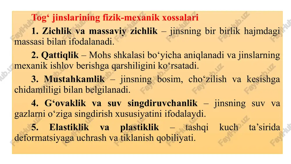 temirni olish uchun qazib olinadigan minerallar bo‘lib, ularning asosiy kimyoviy tarkibi temir oksidlari va gidroksidlari hisoblanadi. magnetit (fe₃o₄): temirning eng boy rudasi bo‘lib, tarkibida 72% gacha temir bo‘ladi. magnetit qora rangda, magnetik xususiyatga ega. gematit (fe₂o₃): tarkibida 70% gacha temir mavjud bo‘lgan qizil-qo‘ng‘ir rangli ruda. gematit temirni olishda keng qo‘llaniladi. limonit (feo(oh)·nh₂o): gidroksidli temir rudasi bo‘lib, tarkibida 40-60% temir mavjud. limonit sariq-qo‘ng‘ir rangda bo‘lib, gidratlanish natijasida hosil bo‘ladi. mis rudalari mis rudalari misni olish uchun qazib olinadi va ular asosan mis sulfidlaridan tashkil topgan. xalkopirit (cufes₂): eng keng tarqalgan mis rudasi bo‘lib, tarkibida 34% gacha mis mavjud. xalkopirit sariq-yashil rangda bo‘lib, temir va mis sulfidini o‘z ichiga oladi. kovellin (cus): tarkibida 66% mis bo‘lgan sulfid ruda. ko‘k rangda bo‘lib, nisbatan kam tarqalgan. bornit (cu₅fes₄): xalkopiritga o‘xshash ruda bo‘lib, tarkibida 63% gacha mis mavjud. rang-barang bo‘lib, rangli ko‘rinishda bo‘ladi. 1.3. alyuminiy rudalari alyuminiy rudalari boksit minerali shaklida qazib olinadi. alyuminiy gidroksidlari …