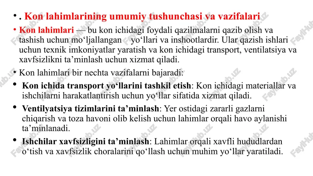 arini barpo etish texnologik sxemalari lahimlarni barpo etish jarayonida qo‘llaniladigan texnologik sxemalar qazish ishlarining ko‘lami, lahim uzunligi, tog‘ jinslarining holati va lahimdan o‘tadigan texnik vositalarning turiga qarab o‘zgaradi. to‘g‘ri lahim sxemasi to‘g‘ri lahim sxemasi yer osti va ochiq konlarda to‘g‘ri chiziqli yo‘nalishda qazish jarayonida qo‘llaniladi. bu sxema lahimlarni nisbatan soddalashtirilgan texnologiya yordamida qazish imkonini beradi va turli texnik vositalardan samarali foydalanish uchun qulay. afzalliklari: to‘g‘ri chiziqli sxema texnik vositalarning harakatlanishini osonlashtiradi va lahimlarni tezroq qazish imkonini beradi. kamchiliklari: murakkab geologik sharoitlar va qiyalik burchaklari mavjud bo‘lgan joylarda to‘g‘ri sxema qo‘llanilishi qiyin. spiral lahim sxemasi spiral lahim sxemasi lahimlarni qiyalik yoki burilish burchaklari bilan barpo etish usuli bo‘lib, tog‘ jinslarining murakkab joylashuviga mos keladi. ushbu sxema lahimlarni chuqurroq qazish yoki katta tog‘ jinslaridan o‘tishda qo‘llaniladi. afzalliklari: spiral lahim sxemasi konning ichki qatlamlariga yanada samarali kirishni ta’minlaydi va qazish ishlarida ko‘proq moslashuvchanlik yaratadi. kamchiliklari: spiral yo‘nalish qazish texnologiyasini murakkablashtiradi va ko‘proq vaqt …