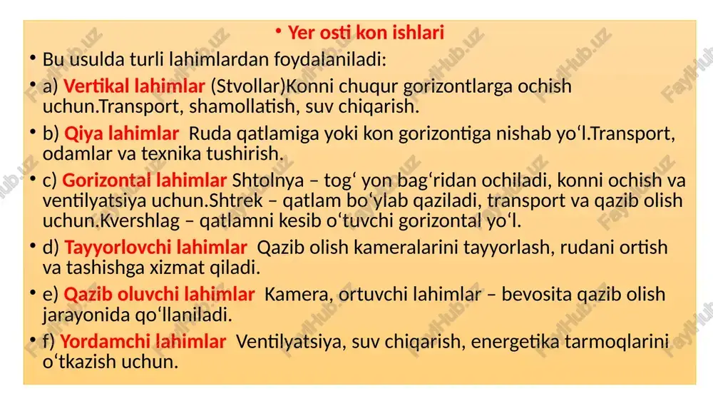 lahimlar yer ostidagi qatlamlar o‘rtasidagi yuk va texnika harakatini ta'minlash uchun ishlatiladi. vagonetka yo‘llari: tog‘ jinslarini yer ostidan tashqariga chiqarishda ishlatiladigan yo‘llar. 4. burilish lahimlari burilish lahimlari yer ostidagi murakkab yo‘nalishlarni tashkil etishda qo‘llaniladi. ular tog‘ jinslarining murakkab joylashuvi va qatlamlarning egri yo‘nalishlari bo‘yicha qaziladi. spiral lahimlar: spiral yo‘nalishda qazilgan lahimlar, tog‘ jinslari va qatlamlar orasida o‘tishda kerak bo‘lishi mumkin. burilish o‘tish yo‘llari: bu lahimlar tog‘ jinslarining joylashuvi murakkab bo‘lgan holatlarda ularni aylanib o‘tish uchun qaziladi. 2. kon lahimlarining texnologik turlari va istiqbollari yer ostidagi kon lahimlarini barpo etishda texnologik imkoniyatlar va istiqbollar muhim ahamiyatga ega. zamonaviy texnologiyalar va innovatsiyalar lahimlarni qazish, saqlash va ishlatish jarayonlarini yanada samarali va xavfsiz qilishga yordam beradi. quyida kon lahimlarining texnologik turlari va istiqbollari haqida ma'lumot beriladi. 1. mexanizatsiyalashgan lahimlar zamonaviy kon ishlari jarayonida mexanizatsiyalashgan lahimlarni barpo etish va ulardan foydalanish katta ahamiyatga ega. ushbu turdagi lahimlar mexanik vositalar yordamida qaziladi va texnologik jarayonlar …