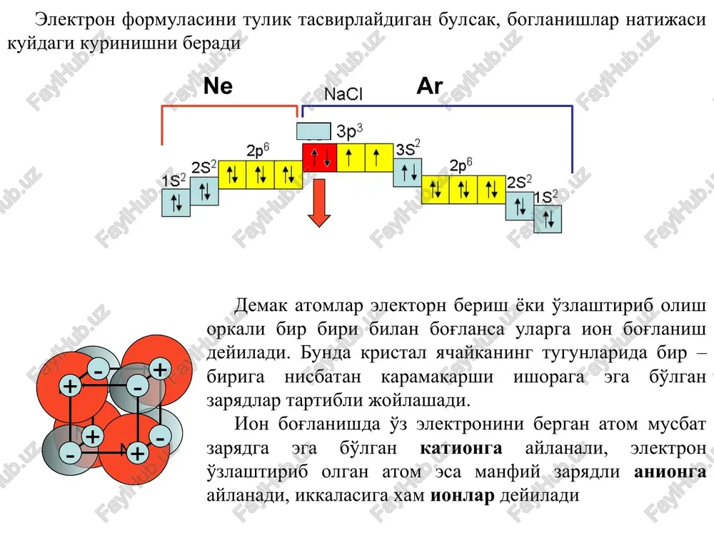 boshlang'ich ion deb kobul kilamiz. ionlar oroligini esa r – bilan belgilaymiz, shunda: yoki kavsdan tashkaridagi ko'payvchi 2 ning paydo bo'lishi boshlang'ich ioning o'ng va cham tomondagi bir xil ishoraga ega bo'lgan ko'shnisi borligini ifodalaydi. katorga yoyishni ko'laymiz: agar x=1 va α – uchun kursatilgan katorning kiymati α = 2ln2 yakinlashadi. aksariyat xollarda born-mayerning (4.8) formulasi bilan bir katorda ion kristallarni boglanish energiyasini xisoblash uchun boron - lande formulasidan xam faydolaniladi: born-lande formulasi kuydagi ko'rinishga ega: bunda ez1 va ez2 − ta'sirlashayotgan ionlarning zaryadi, n − (3.8) formuladagi daraja kursatgichining doimisi, r0 − muozanatlashu oroligi. agar kristall struktura turi va undagi ionlarning zaryadi anik bo'lsa, boglanish energiyasini aniklash uchun bundan tashkari patentsialning itarish kuch daraja ko'rsatgichi, yaniy n xam aniklash zarur bo'ladi. uni aniklash uchun aksariyat xollarda kristallarning siqilish shartidan æ faydolaniladi. bunda v − kristall xajmi, p − kristalga berilayotgan bosim. agfr xarorat absalyu 0 ga teng deb karasan …