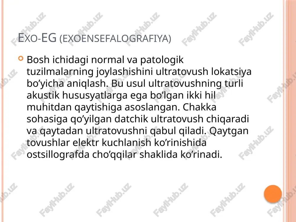 a jeltim). spustya 20 dney posle seansa radioxirurgii ob'em opuxoli umenshilsya v 5 raz (16 x 18 x 17) . cherez 10 mesyatsev – opuxol ne viyavlyaetsya. afzalligi: to’qimaning yuqori kontrastligi tasvirning bir necha turlari poliproeksionligi nurlanish yo’q noinvaziv kamchiligi: qimmatligi tekshiruvning uzoqligi harakatlanish vaqtida artifikatlar kesim 3mmgacha mayda suyak parchalari yomon ko’rinadi bolalar va og’ir bemorlarni ko’rish noqulay (anesteziya qilish zarur). neyrooftalmologik tekshiruv usullari tekshiruv usulining o’ziga hosligi: neyrooftalmologik simptomlar ko’ruv nervi va xiazma gematomasida, kraniofaringomada, o’rta miya o’smalarida, 3-qorincha o’smalarida yuzaga keladi. bu ko’rish va ko’zni harakatlantiruvchi nerv faoliyatining buzulishida yuzaga keladi. neyroxirurgik tekshirish usullari: 1. ko’ruv o’tkirligini tekshirish; 2. ko’rish maydonini perimetr va angioskatometr yordamida tekshirish 3. ko’z tubini tekshirish bu usul orqali quyidagi nerv faoliyati tekshiriladi: ko’ruv nervi ko’zni harakatlantiruvchi nerv g’altak nervi 3 shoxli nervni birinchi tarmog’i uzoqlashtiruvchi nerv yuz nervi neyrosonografiya exoensefalograf yordamida maxsus datchik orqali bosh miya yarim pallalari, qorinchalari, likvor yo’llari va …