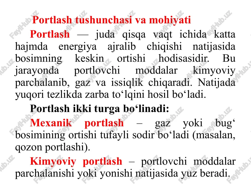 anik xususiyatlariga ko‘ra quyidagi darajalarda portlovchan bo‘ladi: 1.1. yumshoq jinslar yumshoq jinslar (masalan, qum, tuproq, loy) portlatish uchun kamroq portlovchi modda talab qiladi. bunday jinslarda portlatish juda samarali bo‘lib, tez parchalash amalga oshiriladi. . 1.2. o‘rta qattiqlikdagi jinslar o‘rta qattiqlikdagi jinslar (masalan, ohaktosh, slanets) o‘rtacha portlovchan bo‘lib, ularni portlatish uchun o‘rtacha miqdordagi portlovchi modda sarflanadi. ushbu jinslar portlovchi moddalarga yaxshi javob beradi va parchalash samarali amalga oshiriladi. 1.3. qattiq jinslar qattiq jinslar (masalan, granit, bazalt) portlovchanligi past bo‘lib, ko‘proq portlovchi modda talab etadi. bunday jinslarni portlatishda kuchli portlatish usullari va katta hajmdagi portlovchi moddalardan foydalaniladi. 2. portlatish tartibi portlatish tartibi tog‘ jinslarini parchalash uchun portlovchi moddalar qaysi tartibda va qanday ketma-ketlikda qo‘llanilishini ifodalaydi. portlatish tartibini to‘g‘ri belgilash qazish jarayonining samaradorligi va xavfsizligini ta’minlaydi. portlatish tartibiga quyidagilar kiradi: 2.1. birlamchi portlatish birlamchi portlatish tog‘ jinslarining katta massasini parchalash uchun qo‘llaniladi. bu portlatish usuli katta skvajinalar ochilib, ularga portlovchi moddalar joylashtirilgandan so‘ng …