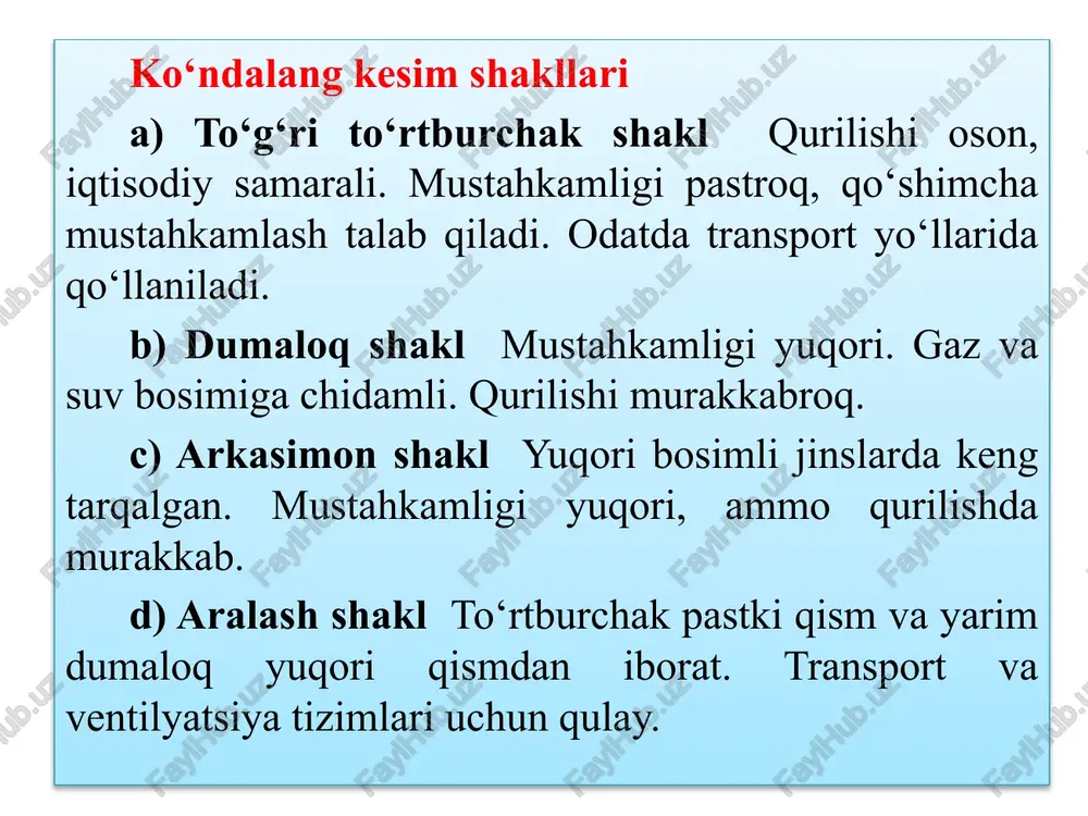 sh xarajatlarini oshiradi, kichik kesim yuzasi esa ko‘proq vaqt talab qilishi mumkin. shu bois optimal variant tanlanadi. 5. lahmning vazifasi tashish lahmlari: odatda keng va baland bo‘ladi. yordamchi lahmlar: nisbatan kichikroq kesim yuzasiga ega bo‘ladi. odatda ishlatiladigan shakllar: to‘g‘ri to‘rtburchak: mexanizatsiyalashgan ishlar uchun mos. tayanchli yarim doira: tog‘ jinslari mustahkamligi past bo‘lgan holatlar uchun. ellips shakli: shamollatish va transport qulayligi uchun ishlatiladi. bu parametrlarni tahlil qilib, lahmning kesim yuzasi loyihalanadi.. 1. ochuvchi lahimning kesim yuzasi nima? kesim yuzasi — bu lahimning ko‘ndalang kesimida hosil bo‘ladigan shakli va o‘lchamlari. lahimning kesim yuzasi uning ishlatilish maqsadiga, ichidan o‘tadigan transport vositalari yoki materiallar hajmiga, kon ichidagi ventilyatsiya talablariga tog‘ jinslarining barqarorligiga mos ravishda tanlanadi. 2. kesim yuzasini tanlashga ta’sir qiluvchi omillar ochuvchi lahimning kesim yuzasini tanlash bir nechta omillarga bog‘liq bo‘lib, ular -konning geologik sharoitlari, -qazish texnologiyasi -lahimdan o‘tadigan transport vositalari bilan bog‘liqdir. quyida kesim yuzasini tanlashga ta’sir qiluvchi asosiy omillar keltirilgan: 1. …