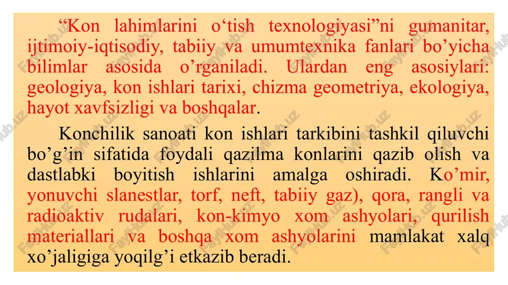 h va qazib olish jarayonlarida lahimlarni o‘tish usullari, ularni mustahkamlash texnologiyalari, xavfsizlik qoidalari va ilg‘or texnik vositalardan foydalanish tamoyillarini o‘rganadi. maqsad: talabalarga kon lahimlarini loyihalash, o‘tish va mustahkamlash bo‘yicha nazariy bilim va amaliy ko‘nikmalar berish. 2. kon lahimlari to‘g‘risida umumiy tushunchalar kon lahimlari — bu yer osti qazib olish ishlarini olib borish, foydali qazilmalarni qazib olishga tayyorgarlik ko‘rish va transport, shamollatish, xavfsizlik ishlarini ta’minlash uchun ochiladigan sun’iy yer osti inshootlaridir. ular doimiy (uzoq muddat foydalaniladigan) va vaqtinchalik (qisqa muddat xizmat qiladigan) bo‘lishi mumkin. 3. kon lahimlarining vazifalari va tasnifi kon lahimlari quyidagi vazifalarni bajaradi:konni ochish (shtolnya, stvollar, qiya lahimlar); kon maydonini tayyorlash (gorizontal va qiya yo‘llar); rudani qazib olish (ortish lahimlari, kameralar); transport va tashishni ta’minlash (konveyer yo‘llari, relsli yo‘llar); shamollatish va xavfsizlikni ta’minlash (ventilyatsiya lahimlari, havozorlar). tasnifi: vazifasiga ko‘ra: ochuvchi, tayyorlovchi, qazib oluvchi, yordamchi.yo‘nalishiga ko‘ra: gorizontal, qiya, vertikal. kesim shakliga ko‘ra: to‘g‘ri burchakli, dumaloq, yoysimon.joylashuviga ko‘ra: asosiy va ikkilamchi …