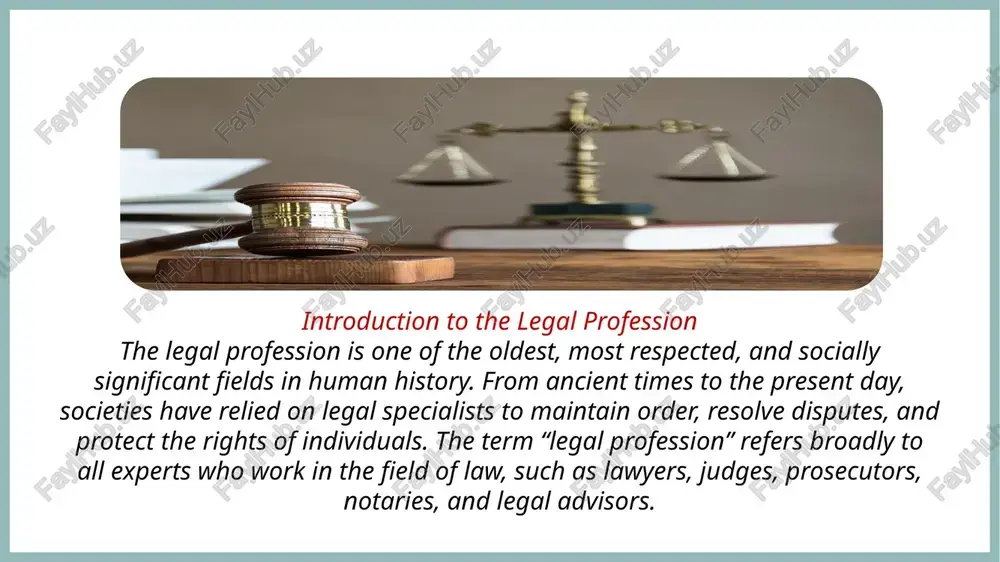 se of authority. third, legal professionals contribute to social order and peace. by resolving disputes peacefully through courts and negotiations, they prevent conflicts from escalating into violence. in addition, legal experts advise governments and parliaments in drafting fair legislation, which helps promote social and economic development. finally, the legal profession has a moral and educational function. it promotes respect for justice and teaches citizens about their rights and responsibilities. through their work, lawyers and judges set examples of fairness, integrity, and civic responsibility. challenges in the legal profession despite its importance and prestige, the legal profession faces many challenges in the modern world. ethical issues: the greatest challenge is maintaining professional ethics. lawyers and judges must act independently and resist corruption, bias, and political pressure. ethical misconduct can damage public trust and weaken the legal system. heavy workload and stress: legal professionals often work long hours and deal with emotionally …