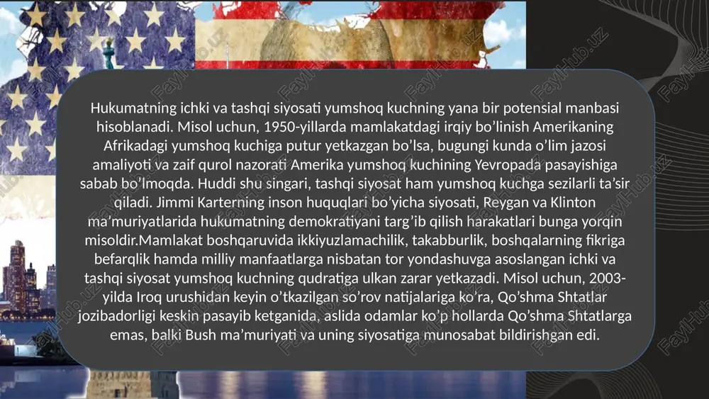 bga olsak, msalan, yumshoq kuch hujumning oldini olish, chegaralarni nazorat qilish va ittifoqchilarni himoya qilishda qattiq kuchdan ko’ra kichikroq ahamiyatga ega bo’lishi mumkin. ammo, yumshoq kuch keng doiradagi “maqsadlar”ni amalga oshirish uchun juda muhimdir. u demokratiya, inson huquqlari va ochiq bozorlarni ilgari surishda hal qiluvchi rolga ega.odamlarni demokratiyaga majburlashdan ko’ra, ularni jalb qilish osonroq. kerakli natijalarga erishishda jalb qilishning ta’siri holat va maqsadlar turiga qarab o’zgarib turadi, lekin bu uning ahamiyatini yo’qqa chiqara olmaydi. o’ziga xos yaqin sharq mintaqasida “yumshoq kuch” texnologiyasi yaqin sharq amerika ommaviy diplomatiyasi va yumshoq kuch siyosati uchun alohida qiyinchiliklar tug’dirib kelgan. ushbu modernizatsiyalashmagan mintaqa ayni damda 2001-yil 11-sentabrda aqshga hujum qilgan terroristlarning makoni hamdir. dunyoning yarmi demokratik bo’lgan bir davrda, 22 ta arab mamlakatlaridan birortasida ham demokratiya o’rnatilmagan. sovuq urush davrida aqshning ushbu mintaqaga yondashuvi mintaqada sovetlar ta’sirini oldini olish, jahon iqtisodiyoti uuchun neft mahsuloti ta’minotini mustahkamlash va nodir demokratik davlatlardan biri bo’lmish isroil uchun …