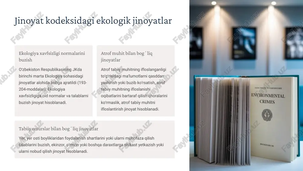 lasini hal qilish zarurligini koʻrsatadi. 5 ekologik jinoyatlar boʻyicha sud amaliyoti aybdorlarni aniqlash ekologiya sohasidagi jinoyat va maʼmuriy ishlarni koʻrishda bevosita jinoyatni va boshqa huquqbuzarlikni sodir qilgan shaxslar bilan chegaralanib qolmasdan, tabiatni muhofaza qilish toʻgʻrisidagi qonunlarni buzganlikda aybdor boʻlgan barcha shaxslar doirasini sinchiklab aniqlash shart. mansabdor shaxslar javobgarligi oʻzlarining harakatsizliklari yoki qonunga xilof harakatlari bilan tabiatga ziyon yetkazgan korxona va tashkilot rahbarlarining aybdorlik darajasini aniqlash va ularni qonunda belgilangan javobgarlikka tortish masalasini hal qilish zarur. nazorat organlari javobgarligi ekologiya nazorati organlarining tabiatni muhofaza qilish toʻgʻrisidagi qonunlarni buzilishiga olib kelgan harakatsizliklari sabablari ham aniqlanishi kerak. asoslar mavjud boʻlganda bunday organlarning mansabdor shaxslari javobgarlikka tortilmogʻi lozim. 6 ekologik ekspertiza ahamiyati maxsus bilimlar zaruriyati maxsus bilimlarni talab qiluvchi masalalarni toʻgʻri hal qilish maqsadida sudlar tegishli ekspertizalarni gidrometeorologlar, sanitariya-epidemiya xizmati xodimlari, zoologlar, ixtiolloglar, botaniklar, ovshunos, oʻrmonshunos, tuproqshunos va boshqa mutaxassislarni jalb qilgan holda tayinlashlari kerak. qonuniy asos ekologiya ekspertizasi atrof tabiiy muhitni muhofaza qilishning …
