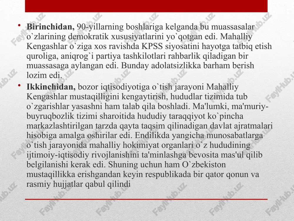 lq ta'limi, sog`liqni saqlash xodimlari va mahalla yig`inlari vakillaridan iborat 810 kishi jalb etildi. barcha viloyatlar qonunlarga to`la rioya qilingan holda saylovga puxta tayyorgarlik ko`rildi. viloyat, tuman, shahar kengashlariga munosib nomzodlar ko`rsatildi. ular orasida olimlar, huquqshunoslar, iqtisodchilar, vrachlar, o`qituvchilar, ishchi-xizmatchilar bor edi. deputatlikka nomzodlar ko`rsatish demokratik prinsiplarga amal qilingan holda olib borildi. bu jarayonda siyosiy partiyalar, hokimiyat vakillik organlari ishtirokida, muqobillik asosida amalga oshirildi. shuni ta'kidlash kerakki, mahalliy hokimliklar, siyosiy partiyalar hamda o`z-o`zini boshqaruv organlari o`rtasida o`zaro hurmat va ijodiy fikrlashuvlar bo`lishiga katta e'tibor berildi. siyosiy partiyalarning saylovlarda teng huquqli asoslarda ishtirok etishini ta'minlash uchun kerakli shart-sharoitlar yaratib berildi. 1994-yil 25-dekabrdagi va 1999-yil 5-dekabrdagi viloyatlar, tumanlar va shaharlarda vakillik organlari bo`lmish xalq deputatlari kengashlariga mehnatkashlar ommasining munosib vakillari saylandilar. hokimliklarning tashkil etilishi o`zbekiston respublikasining mustaqillik yillarida qo`lga kiritgan muvaffaqiyatlaridan bittasi milliy davlatchiligimiz an'analariga suyangan holda hokimlik institutining tashkil qilinishi bo`ldi. o`zbekiston respublikasining 1993-yil 2-sentabrda qabul qilingan «o'zbekiston respublikasi mahalliy hokimiyat …