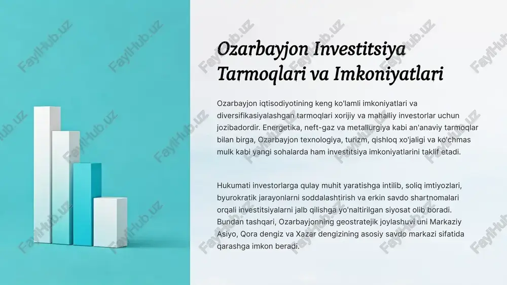 arining asosiy yo'nalishlari - energiya, turizm, qishloq xo'jaligi, infratuzilma, sanoat, texnologiya va xizmat ko'rsatish sohasi. ushbu sohalar iqtisodiyotni diversifikatsiya qilish va rivojlantirish uchun keng imkoniyatlar taqdim etadi. energetika neft va gaz qazib olish va qayta ishlash loyihalari investitsiyalar uchun muhim yo'nalish hisoblanadi. turizm mehmonxonalar, kurortlar, sayyohlik markazlari va infrastruktura loyihalari investitsiyalarni jalb qilmoqda. sanoat qayta ishlash sanoati, metallurgiya va boshqa sanoat tarmoqlari investitsiyalar uchun katta salohiyatga ega. infratuzilma yo'l, temir yo'l, energiya va aloqa tarmoqlari rivojlanishi investitsiyalarni talab qiladi. 7 ozarbayjon investitsiya loyihalarini moliyalashtirish manbaalari ozarbayjon investitsiya loyihalarini moliyalashtirish uchun turli xil manbalar mavjud - xorijiy to'g'ridan-to'g'ri investitsiyalar, grantlar, kreditlar va davlat investitsiyalari. turli moliyalashtirish manbalaridan foydalanish investitsiya loyihalarining samaradorligini oshiradi. xorijiy to'g'ridan-to'g'ri investitsiyalar xalqaro investorlarning bevosita kompaniyalarga yoki loyihalarga investitsiyalari grantlar xorijiy davlatlar va tashkilotlar tomonidan beriladigan bepul mablag'lar kreditlar banklar va moliya institutlaridan olinadigan qarzlar davlat investitsiyalari ozarbayjon hukumati tomonidan investitsiya loyihalarini moliyalashtirish 8 ozarbayjon investitsiya loyihalarida davlat-xususiy …
