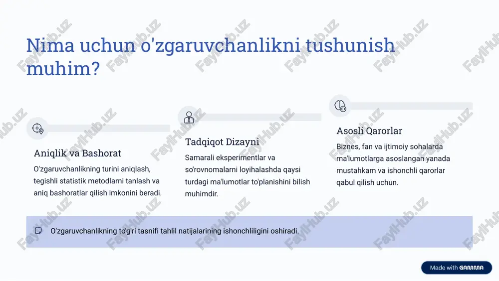 . https://gamma.app/?utm_source=made-with-gamma xulosa: o'zgaruvchanlik turlarini qo'llash nominal ordinal interval ratio qanday qilib farqlash va qo'llash ma'lumotlarning turlarini tushunish sizning tahliliy vositalaringizni tanlashda hal qiluvchi ahamiyatga ega: nominal: faqat toifalash (moda, chastota). ordinal: tartiblash imkoniyati (median, kvintillar, spearman korrelyatsiyasi). interval: qo'shish va ayirish ma'noga ega (o'rtacha, standart og'ish, pearson korrelyatsiyasi). nisbat: barcha matematik operatsiyalarni bajarish mumkin (geometrik o'rtacha, nisbatlar). https://gamma.app/?utm_source=made-with-gamma