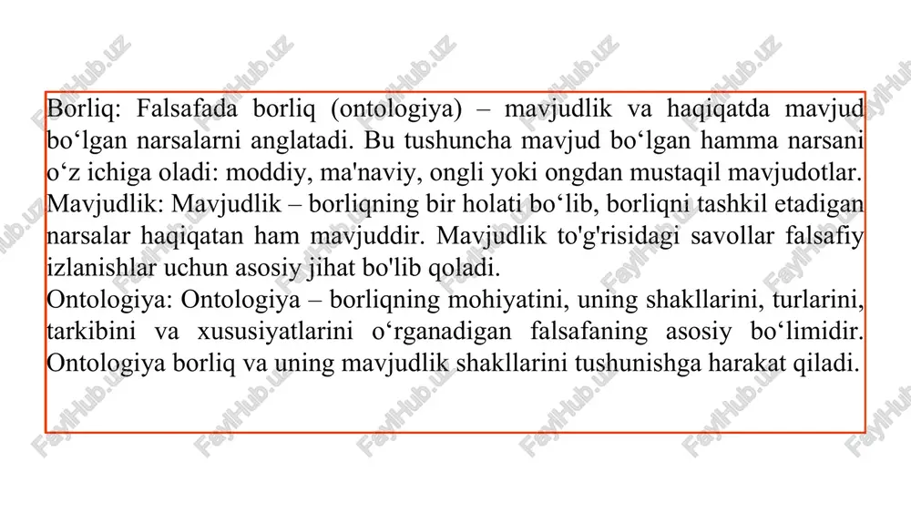 fasi o‘zining yangi yo‘nalishlari bilan ajralib turadi: postmodern falsafa: borliq va haqiqat nisbiy va ijtimoiy konstrukt sifatida qaraladi. yangi voqealar va tafakkurlarni shakllantirishda individsualizm va pluralizm ahamiyat kasb etadi. antropotsentrizm: inson borliqni o‘zining bilimlari va tushunchalari asosida tushunishga harakat qiladi. texnologiya va borliq: zamonaviy texnologiyalar (sun'iy intellekt, virtual haqiqat va boshqalar) borliqni yangi shakllar va tafakkurlar orqali tushunishga olib keladi. borliq falsafasidagi asosiy oqimlar falsafada borliqni tushunishning turli yondoshuvlarini anglatadi: materializm: borliqni moddiy va fizikal holatlar sifatida tushunadi, ong va fikrlar ham moddiy jarayonlarning mahsuli sifatida qaraladi. idealizm: ong yoki g‘oya borliqning asosiy manbai deb qaraladi. idealizmda borliqning mohiyati g‘oya va ongda ko‘rinadi. dualizm: borliqni ikkita mustaqil komponentdan, moddiy va ruhiy dunyolardan tashkil topgan deb qaraydi. fenomenologiya: borliqni inson tajribasi va sezgilari orqali tushunishning bir usuli bo‘lib, unda borliq sub'ektiv va tajribaviy sifatlarda ko‘rsatiladi. xulosa: borliq falsafasi (ontologiya) – mavjudlik, borliq va uning mohiyatini, xususiyatlarini va shakllarini o‘rganadigan falsafiy soha. …