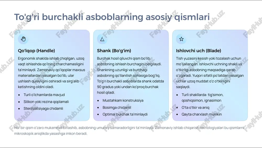 asboblar murakkab anatomik joylarda ishlash uchun mo'ljallangan. shankda uchta egilish nuqtasi mavjud bo'lib, bu asbobga maksimal moslashuvchanlik beradi. qiyin kirish mumkin bo'lgan distal sirtlarda ishlatiladi. 04 kontraburchakli asboblar maxsus holatlarda qo'llaniladigan asboblar. ularning shanki qarama-qarshi yo'nalishda egilgan bo'lib, bu shifokorga juda tor va qiyin joylarda ishlash imkonini beradi. to'g'ri burchakli asboblar ko'pincha mon-burchakli yoki bin-burchakli guruhiga kiradi. ularning burchak konstruksiyasi amaliy ishda aniq va samarali harakatlarni ta'minlaydi, ayniqsa og'iz bo'shlig'ining chuqur qismlarida ishlashda. to'g'ri burchakli asboblarning turlari va vazifalari skalerlar tish yuzasidan tosh va plaklarni olib tashlash uchun ishlatiladi. skalerlar og'iz gigiyenasini saqlashda va periodontal kasalliklarni davolashda asosiy vosita hisoblanadi. supragingival va subgingival turlari mavjud tig'simon ishchi qismga ega profesional tozalashda asosiy asbob turli burchak ostidagi skalerlar turli tish yuzalari uchun to'g'ri burchakli skalerlar ayniqsa orqa tishlarning lingual va distal yuzalarini tozalashda samarali. eksevatorlar kariesni tozalash uchun ishlatiladi. eksevatorlar yumshoq va zararlangan dentin to'qimasini olib tashlashga mo'ljallangan, shu bilan birga …