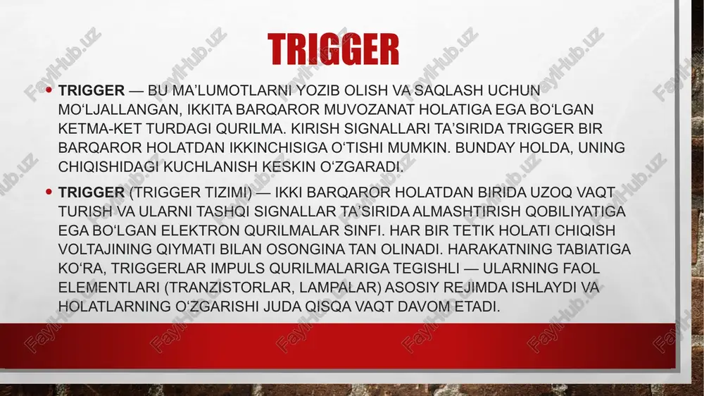 shunga asosan, d – trigger kechikish triggeri deb ataladi. xulosa: triggerlar raqamli texnikaning muhim elementi bo‘lib, axborotni saqlash va boshqarishda keng qo‘llaniladi. ular ikki barqaror holatdan birida turishi va tashqi signal ta’sirida holatini tezda o‘zgartirishi bilan ajralib turadi. rs, d va jk triggerlar turli vazifalarni bajarish uchun ishlatiladi, ularning har biri o‘ziga xos ishlash printsipiga ega. triggerlarning sinxron va asinxron turlari mavjud bo‘lib, ular ma’lumot uzatish va qayta ishlash jarayonlarining ishonchliligi va aniqligini ta’minlaydi. shuning uchun triggerlar zamonaviy elektron qurilmalar va ehm tizimlarida muhim rol o‘ynaydi. foydalanilgan adabiyotlar: https://azkurs.org/trigger-rs--jk--d--va-t-triggerlar.html https://uz.wikipedia.org/wiki/triggerlar https://uz.wikipedia.org/wiki/triggerlar image3.jpg image4.png image5.png image6.png image7.png image8.png /docprops/thumbnail.jpeg